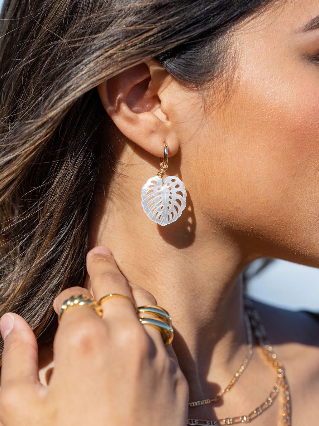Mother of Pearl and Gold Wrapped Monstera Charm Huggie Hoop Earrings