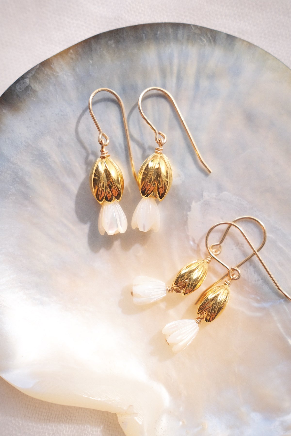 Mother of Pearl & Gold Pikake Dangle Earrings - Lāhela