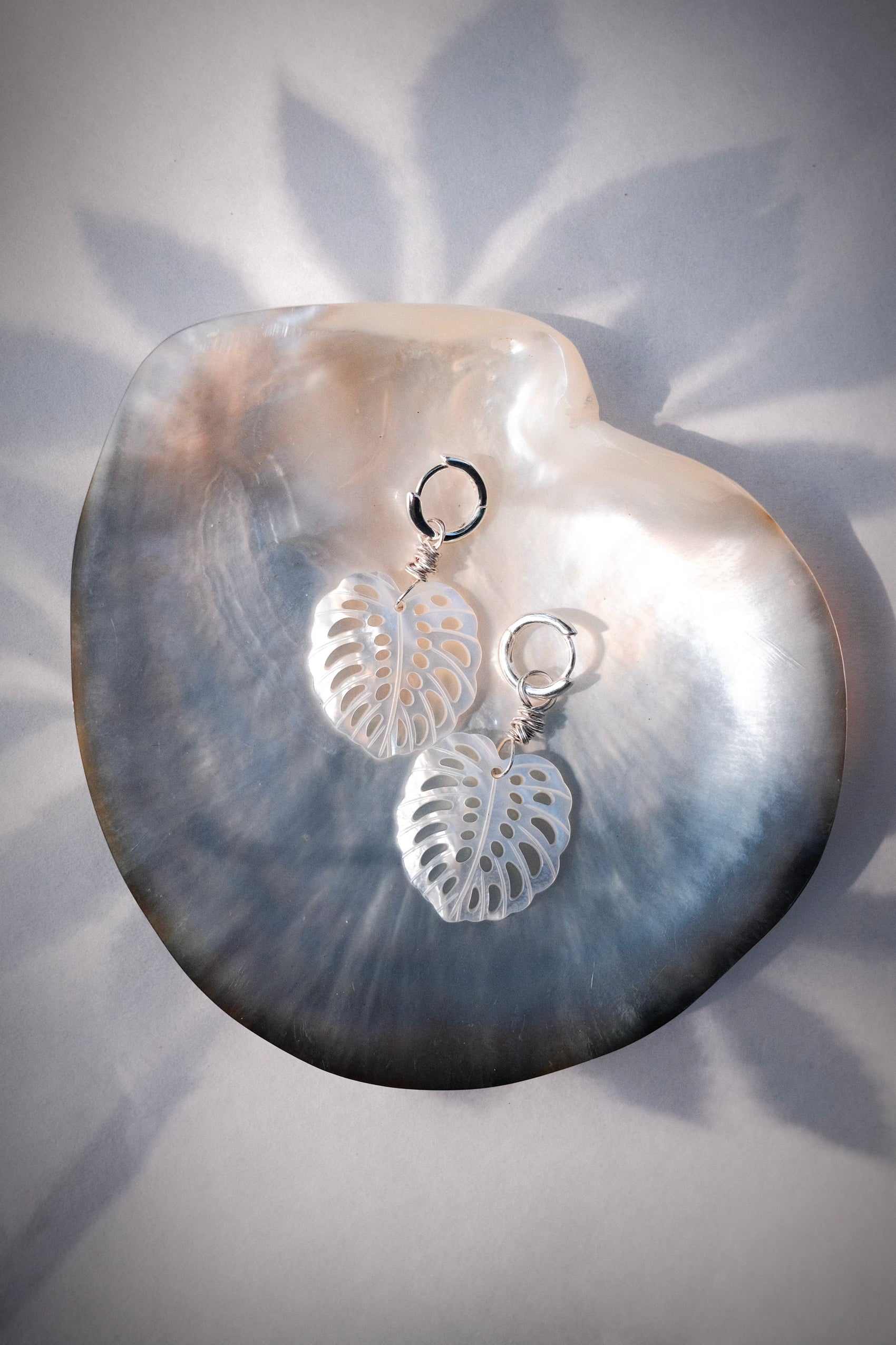Mother of Pearl and Silver Wrapped Monstera Charm Huggie Hoop Earrings - Hula