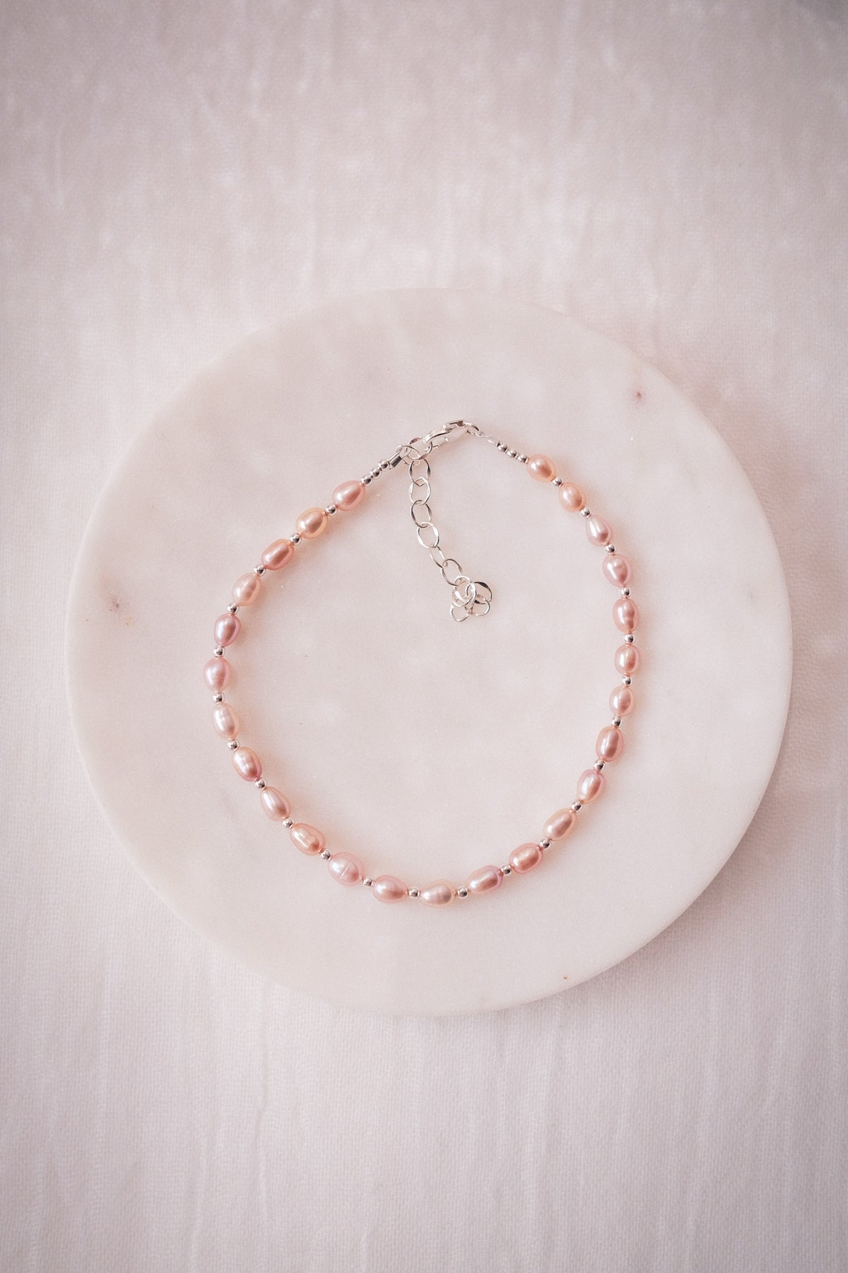 Pink Rice Pearl & Silver Bead Adjustable Anklet - Silver Liko