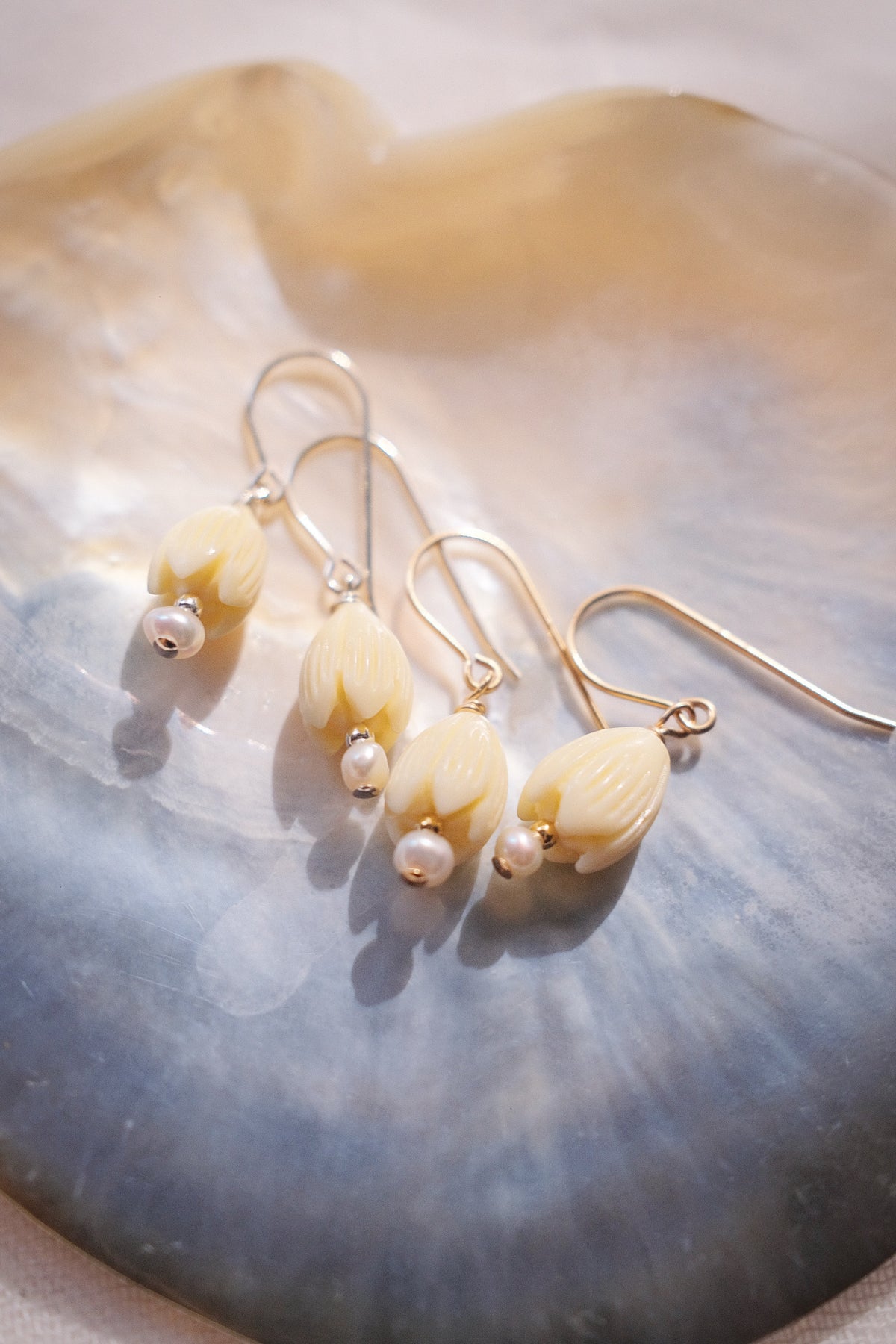 Resin Pikake & Pearl Drop Earrings - Gold or Silver Kupuna