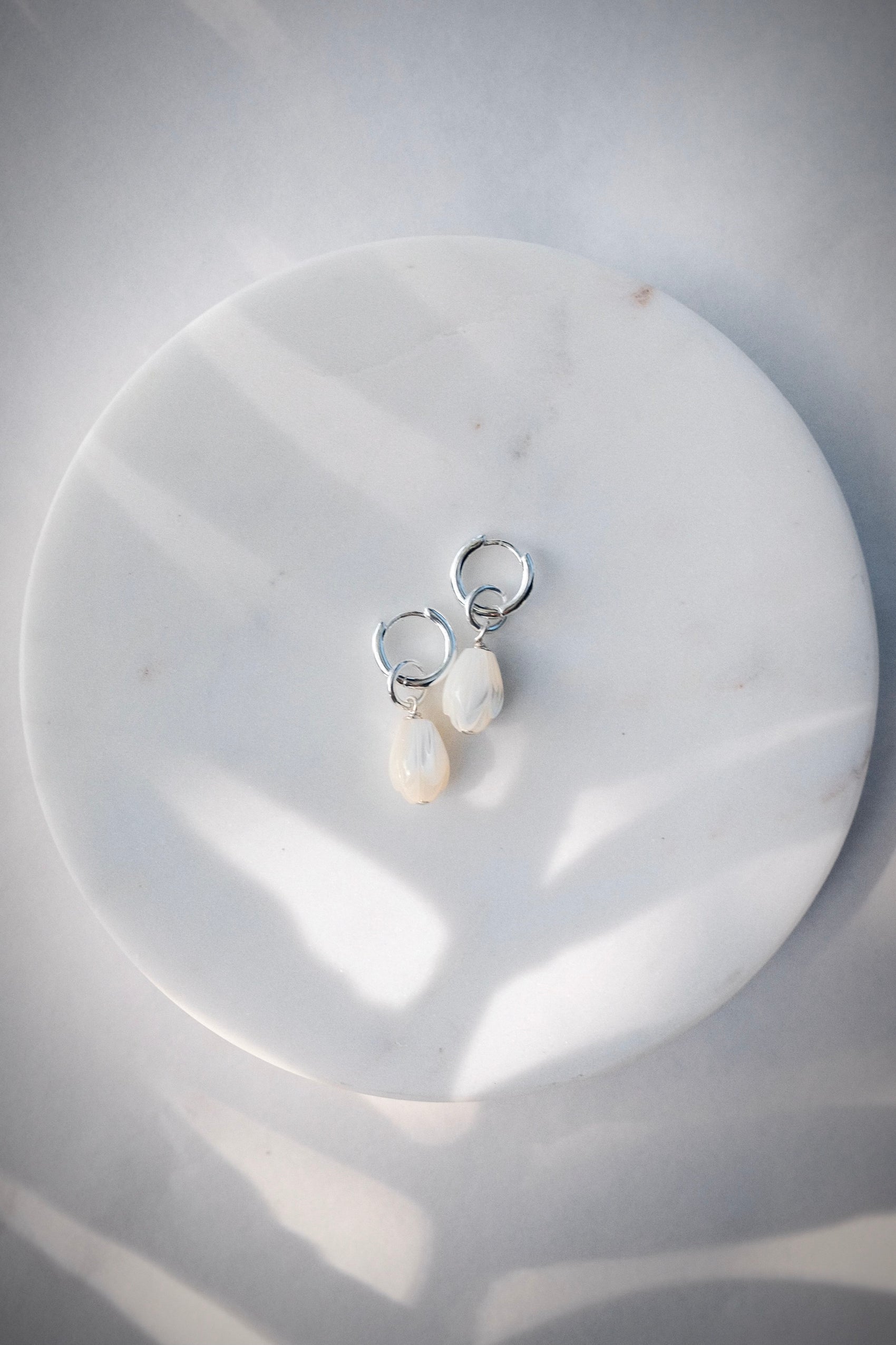 Silver Mother of Pearl Flower Lei Charm Huggie Hoop Earrings - Lei