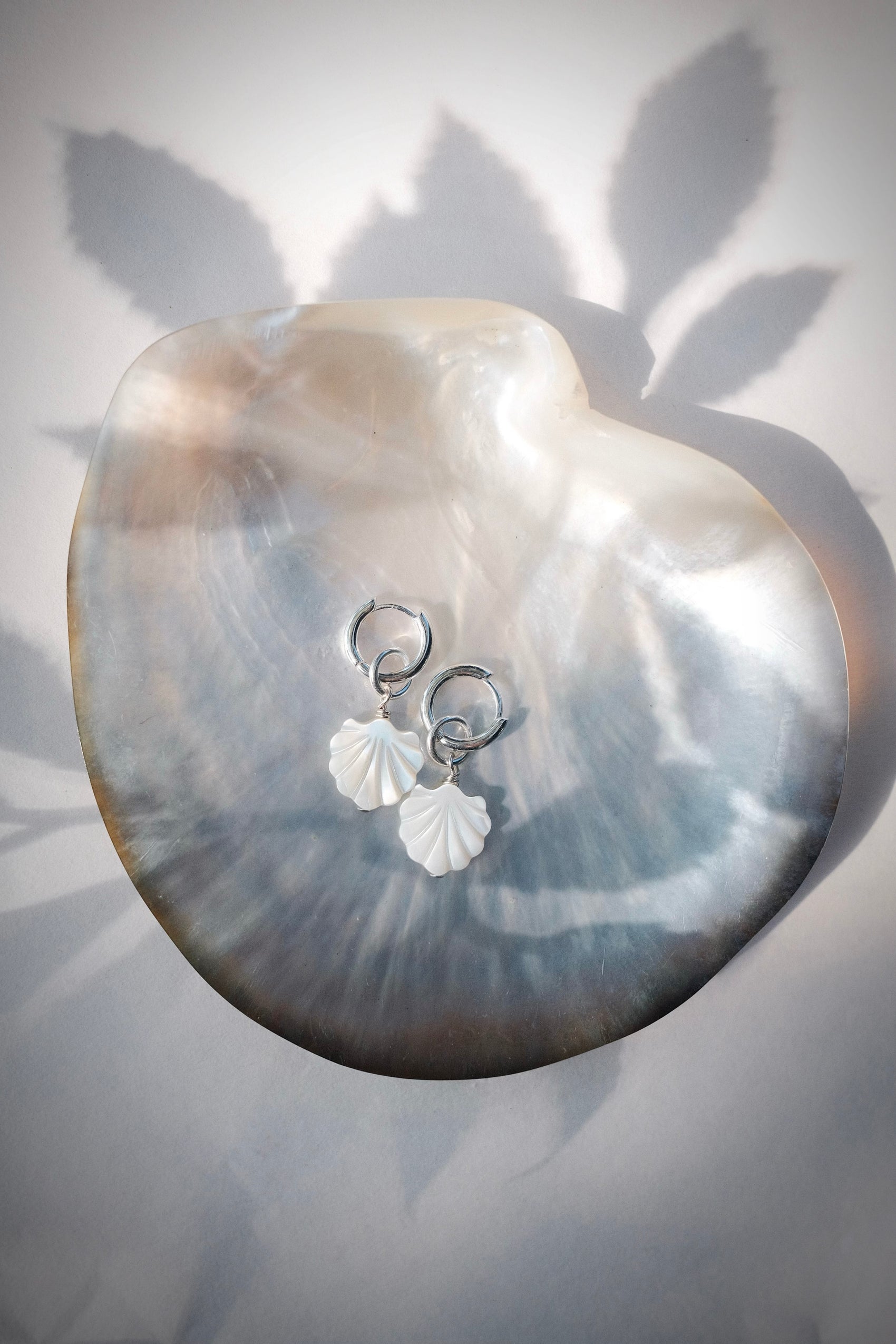 Silver Mother of Pearl Shell Charm Huggie Hoop Earrings - Lanikai