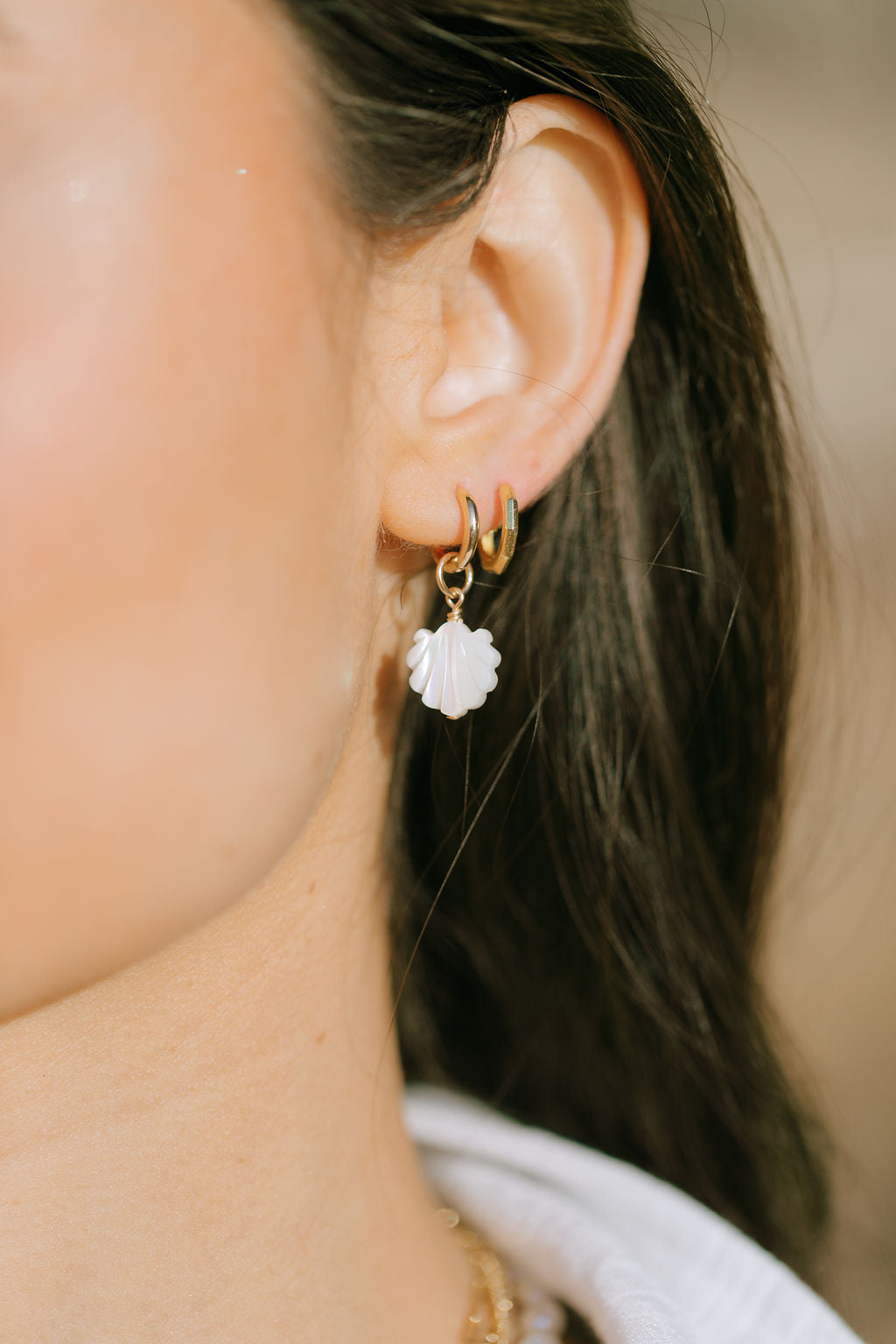 Gold Mother of Pearl Shell Charm Huggie Hoop Earrings - Lanikai