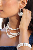 Mother of Pearl and Silver Wrapped Monstera Charm Huggie Hoop Earrings - Hula