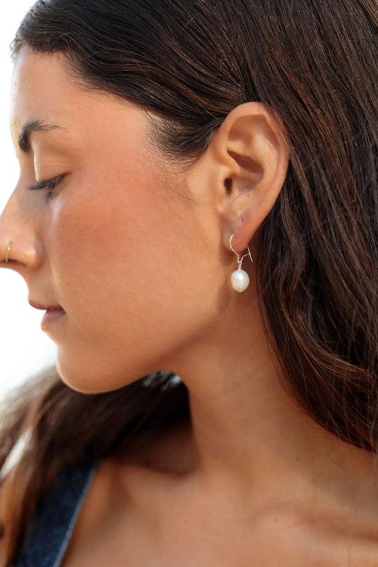 White Freshwater Pearl Drop Earrings - Silver Haukea