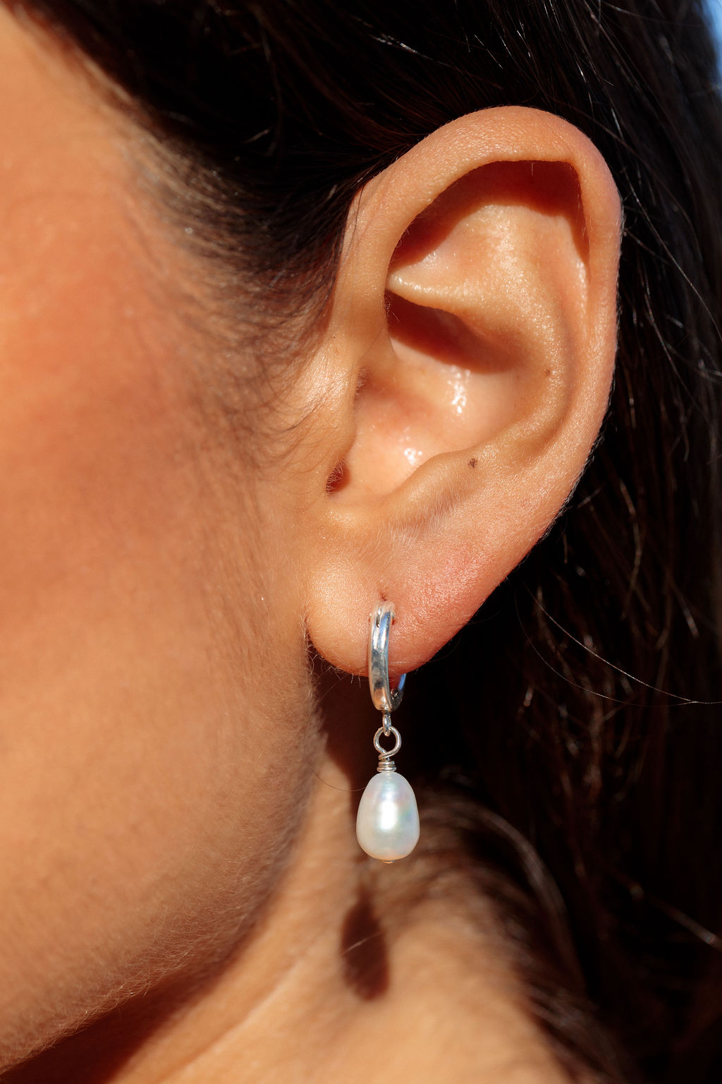 Silver Baroque Pearl Latch Hoop Earrings - Kēhau