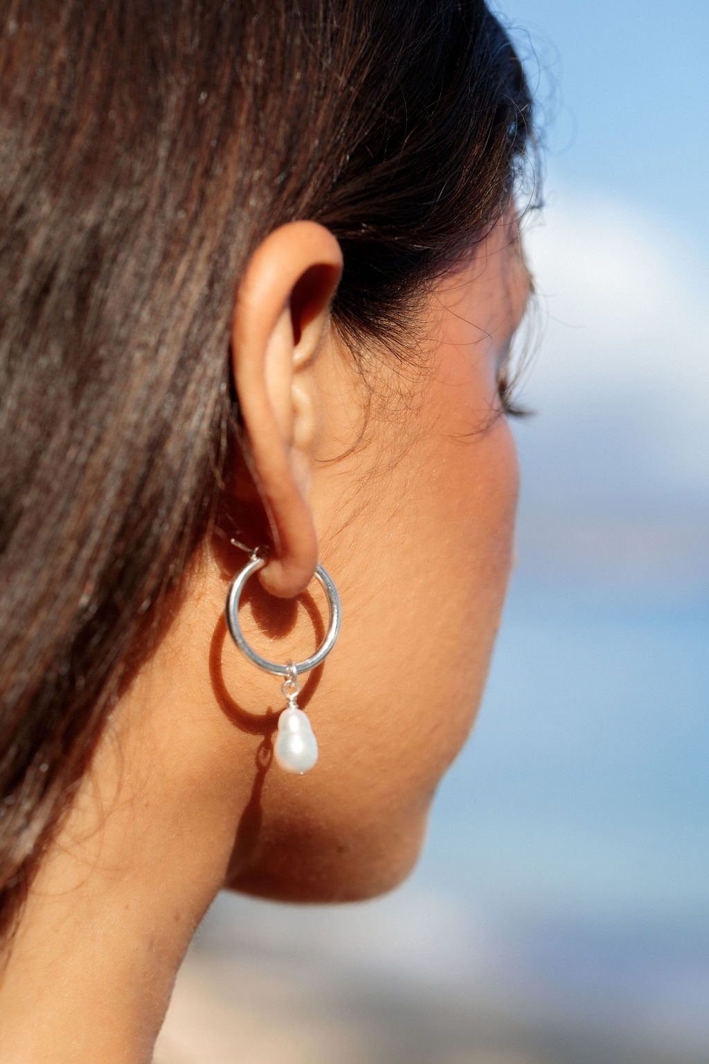 Silver Baroque Pearl Latch Hoop Earrings - Kēhau
