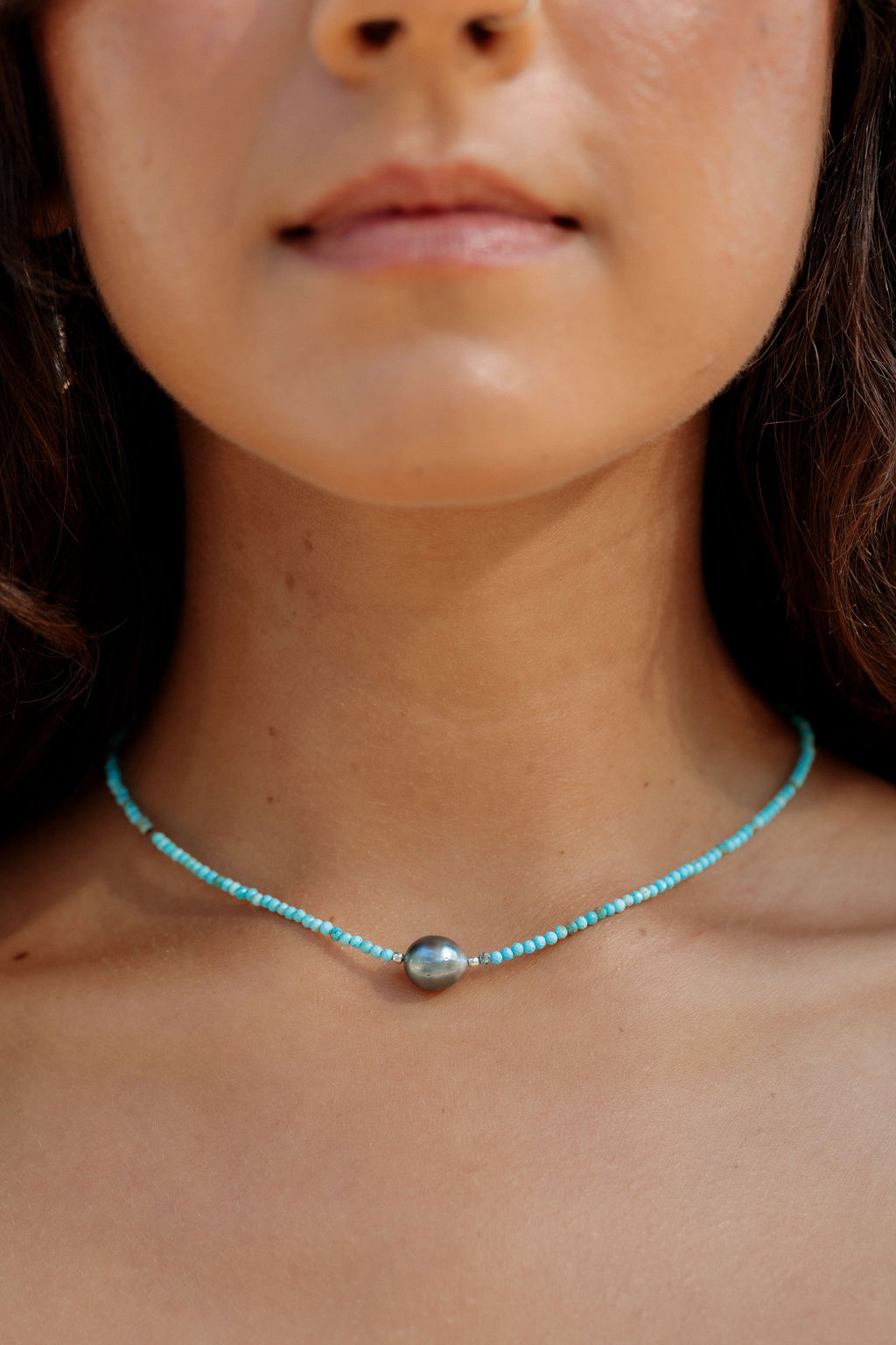Dainty Turquoise Tahitian Pearl Choker Necklace - Gold Ipo