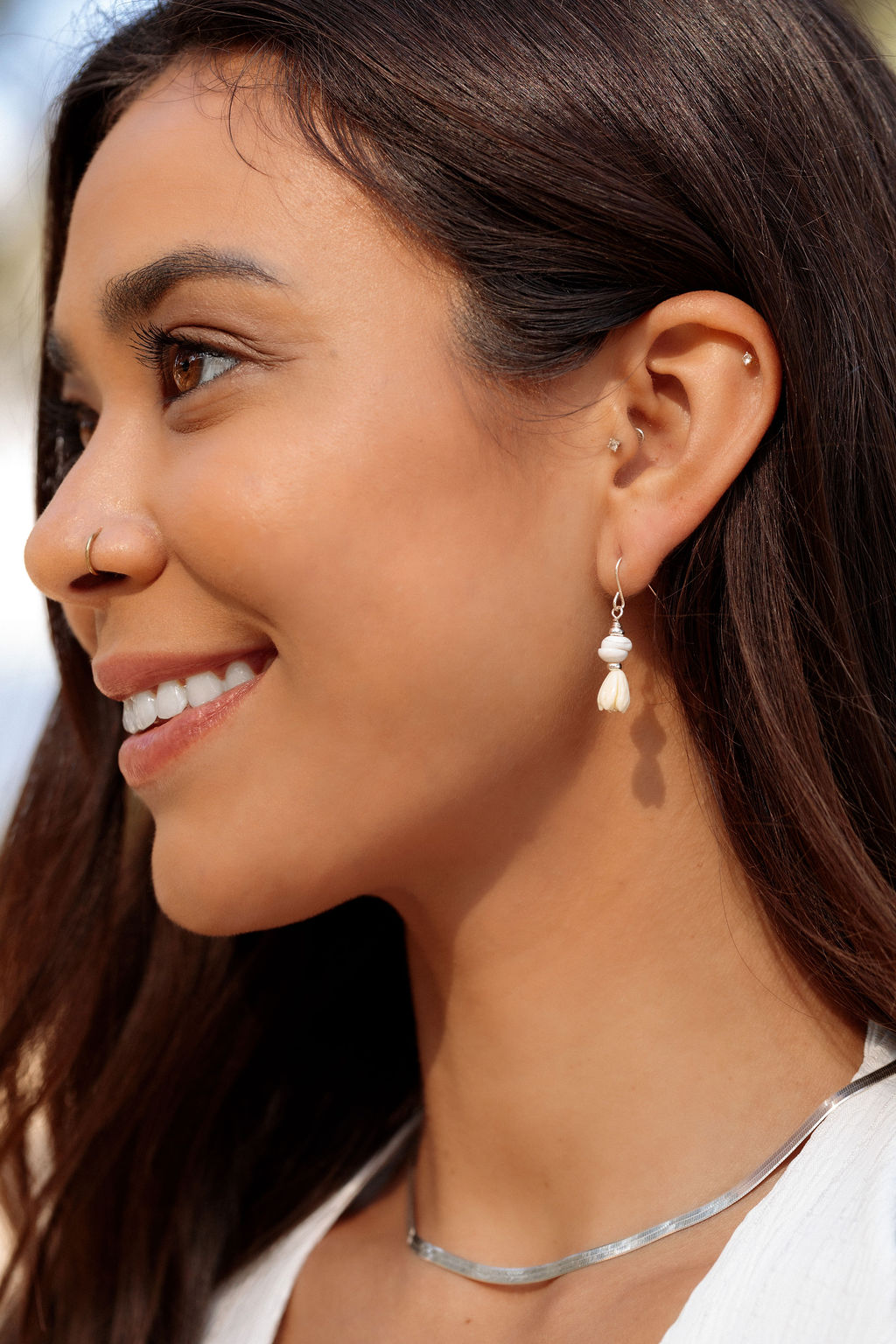 Silver Pikake Puka Drop Earrings - Kēhau
