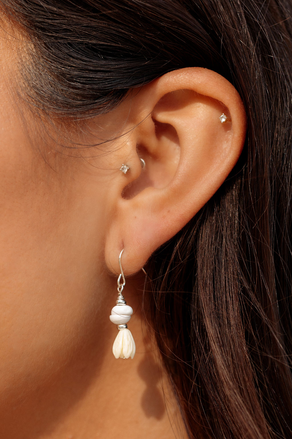 Silver Pikake Puka Drop Earrings - Kēhau