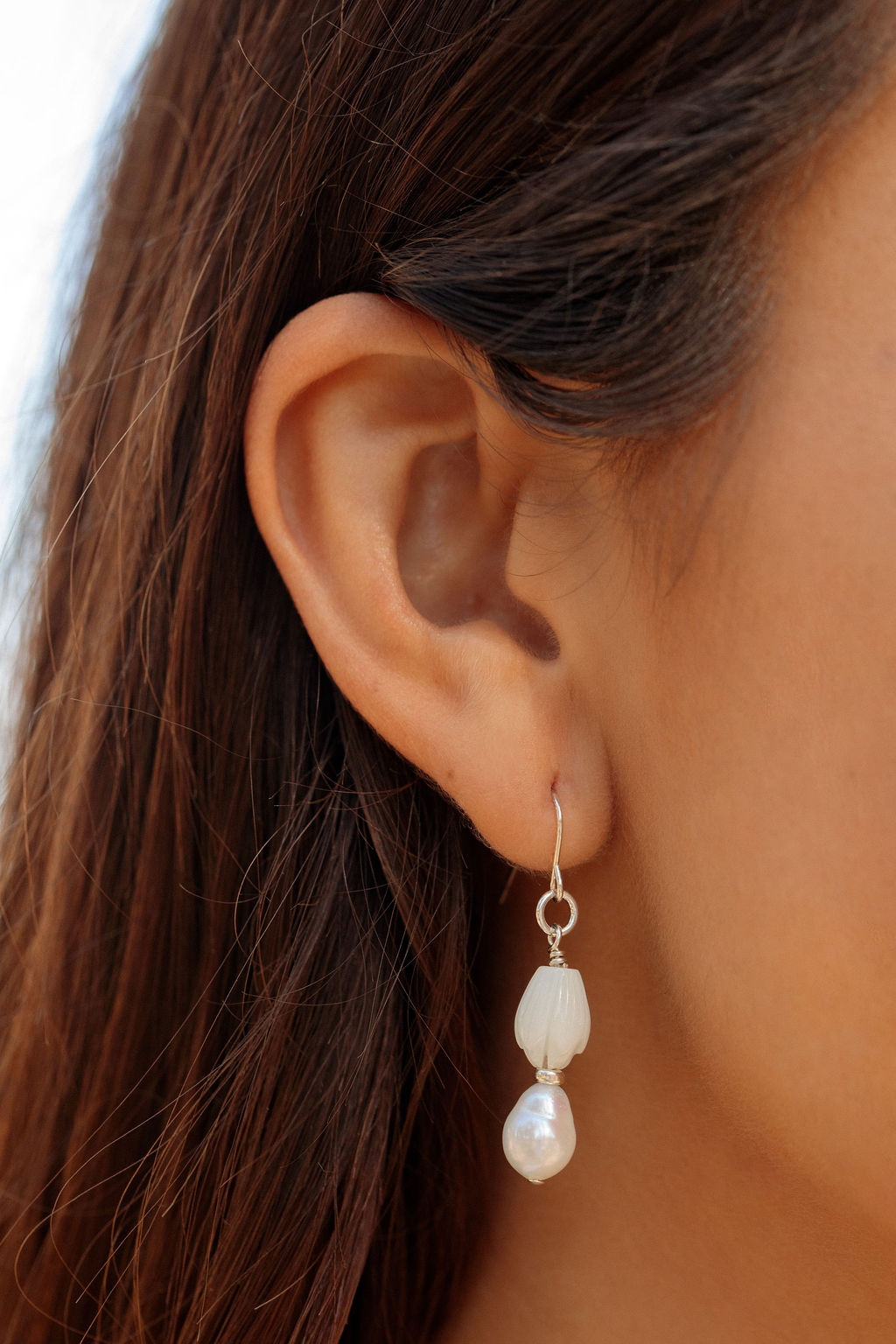 Silver Asymmetrical Pikake & Pearl Earrings - Huali