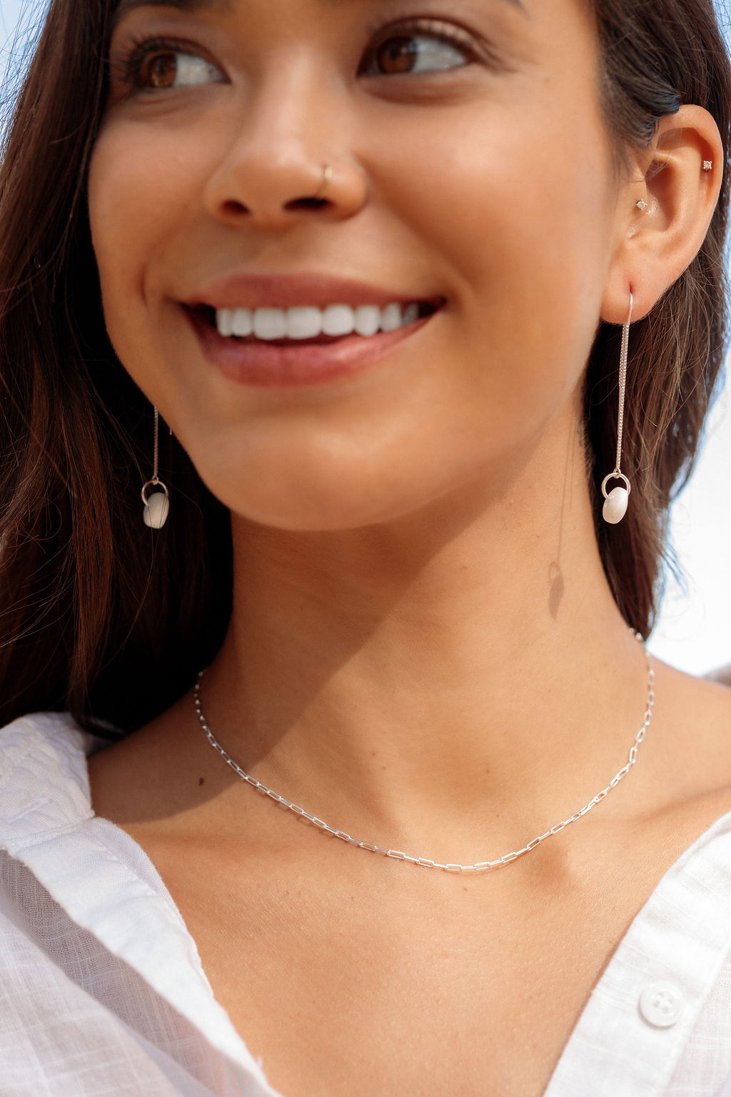 Silver Puka Shell Threader Earrings - Auali'i