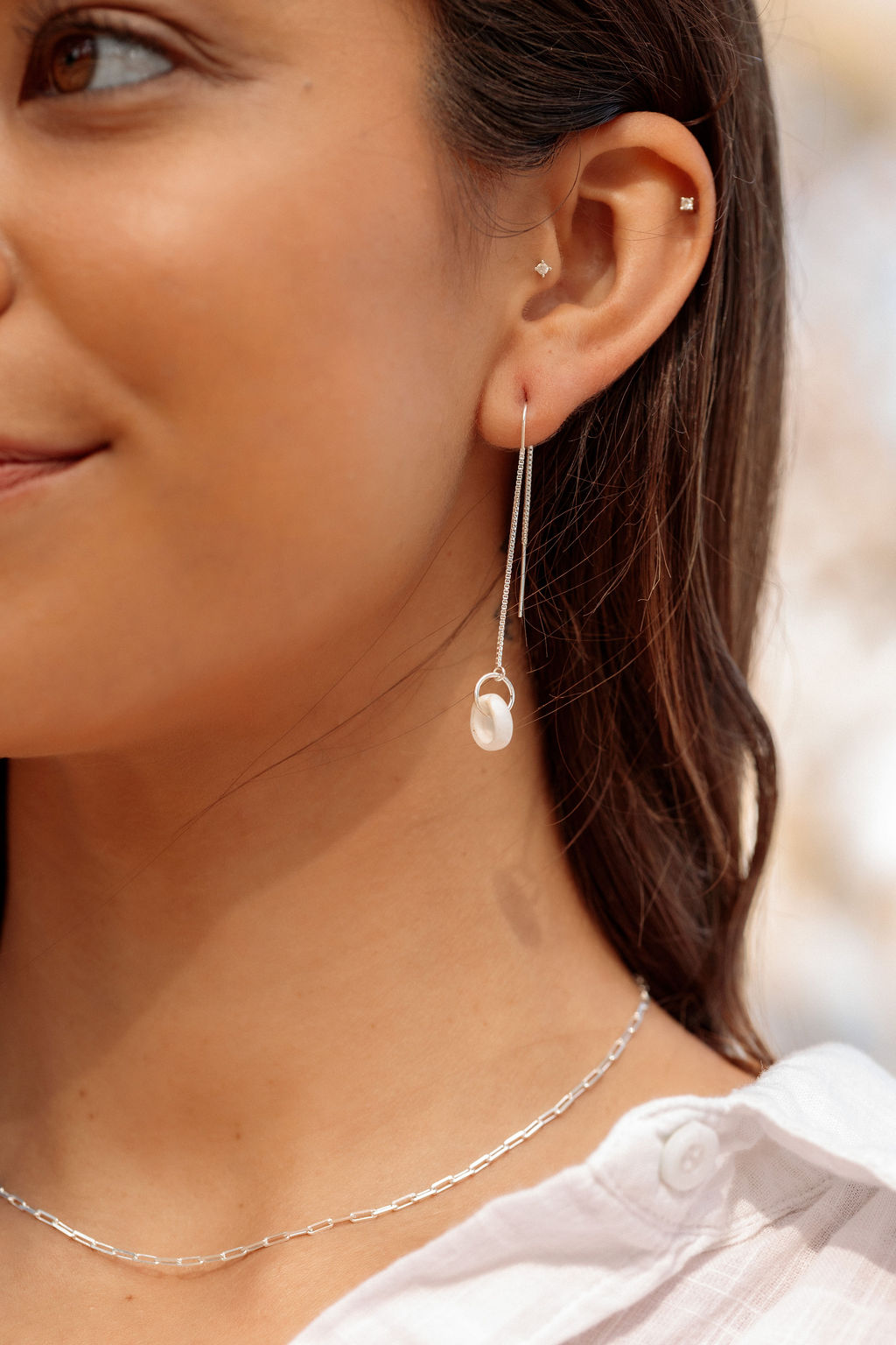 Silver Puka Shell Threader Earrings - Auali'i