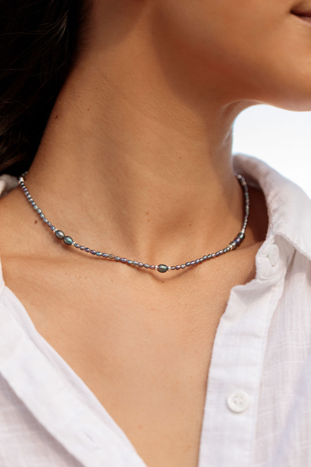 Silver and Peacock Pearl Bead Necklace - Hiwahiwa