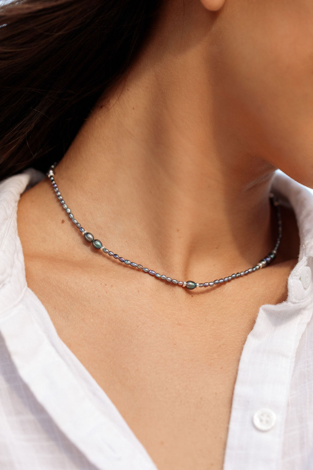 Silver and Peacock Pearl Bead Necklace - Hiwahiwa