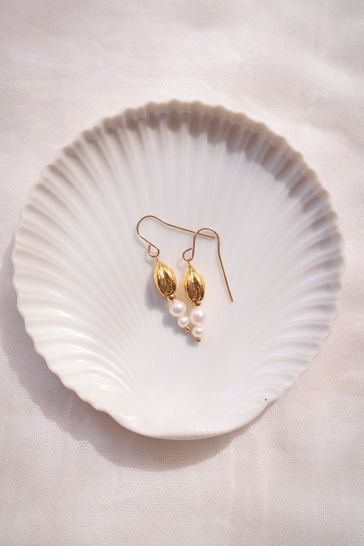 Gold Pikake & Pearl Dangle Earrings - Makamae