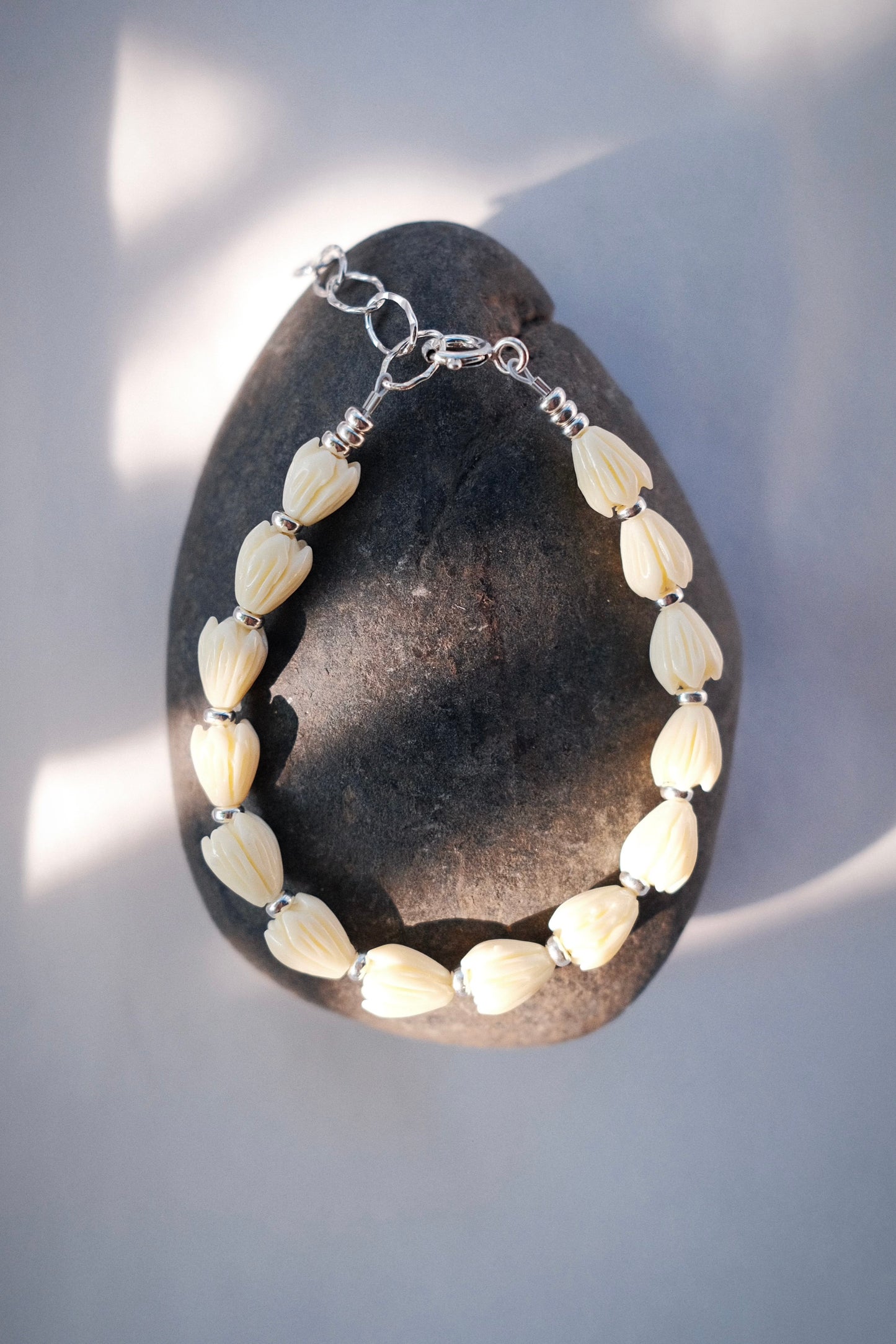 Silver and Carved Pikake Bracelet - Aloalo