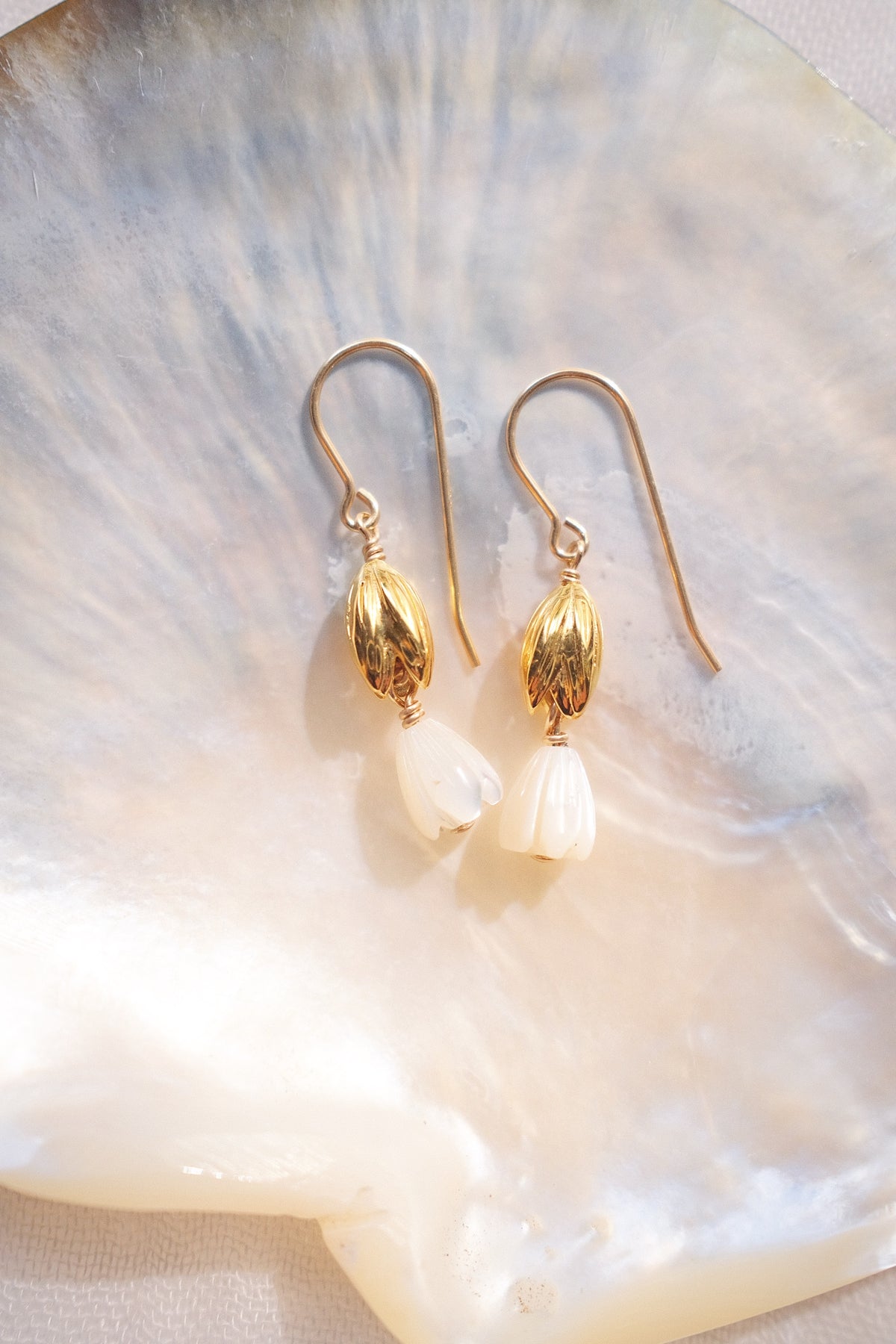 Mother of Pearl & Gold Pikake Dangle Earrings - Lāhela