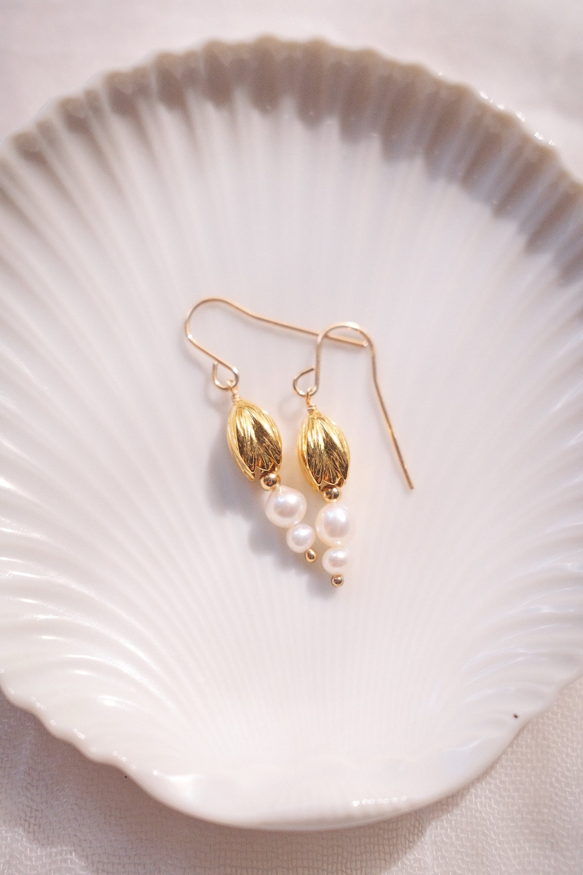 Gold Pikake & Pearl Dangle Earrings - Makamae