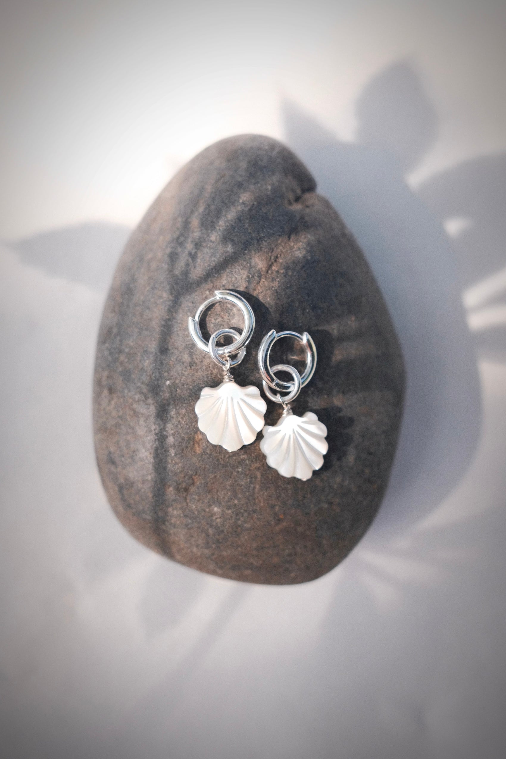 Silver Mother of Pearl Shell Charm Huggie Hoop Earrings - Lanikai