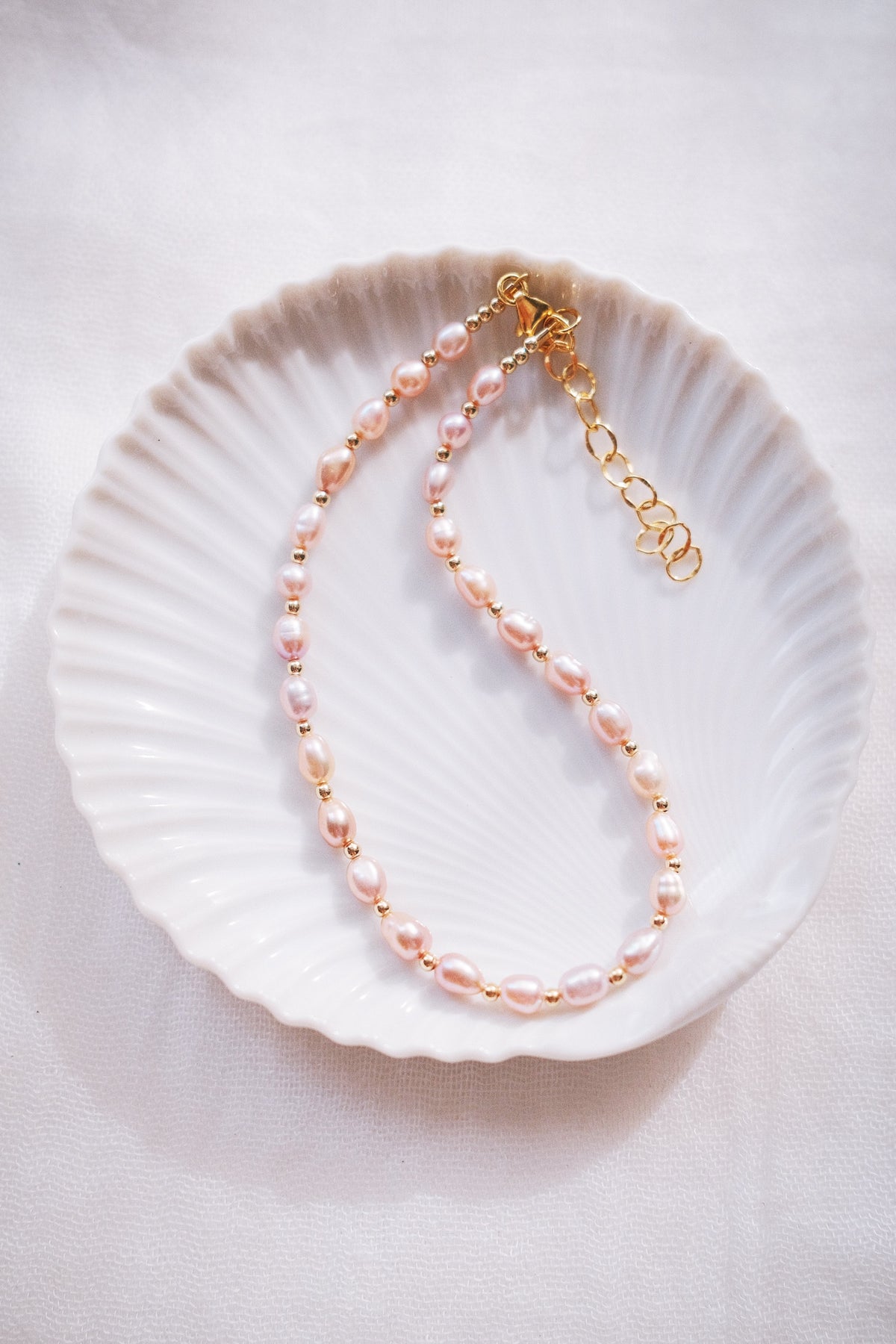 Pink Rice Pearl & Gold Bead Adjustable Anklet - Gold Liko