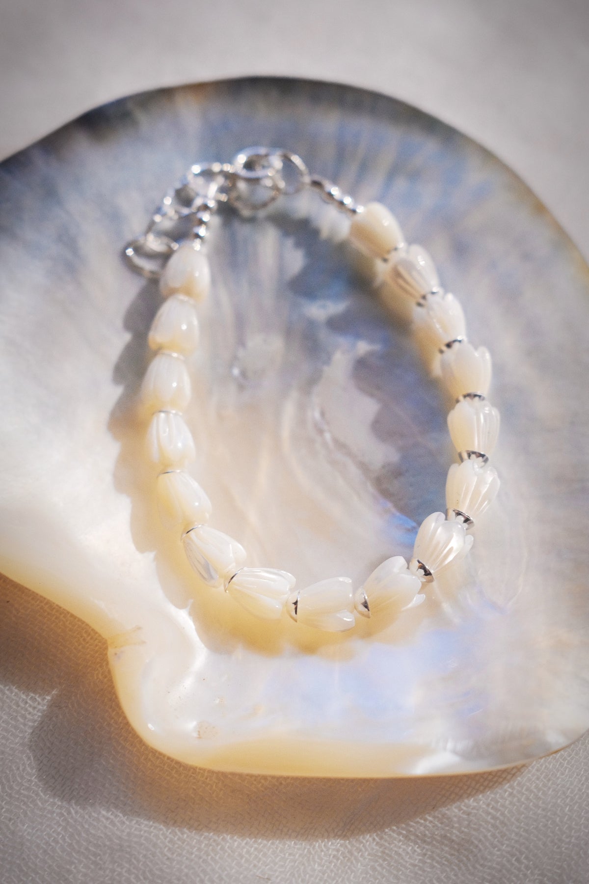 Mother of Pearl Pikake Beaded Bracelet - Silver Lāhela