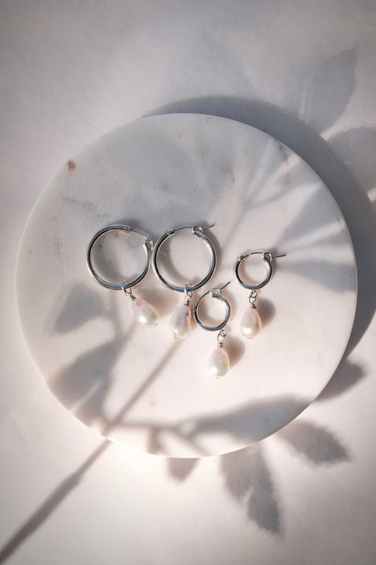 Silver Baroque Pearl Latch Hoop Earrings - Kēhau