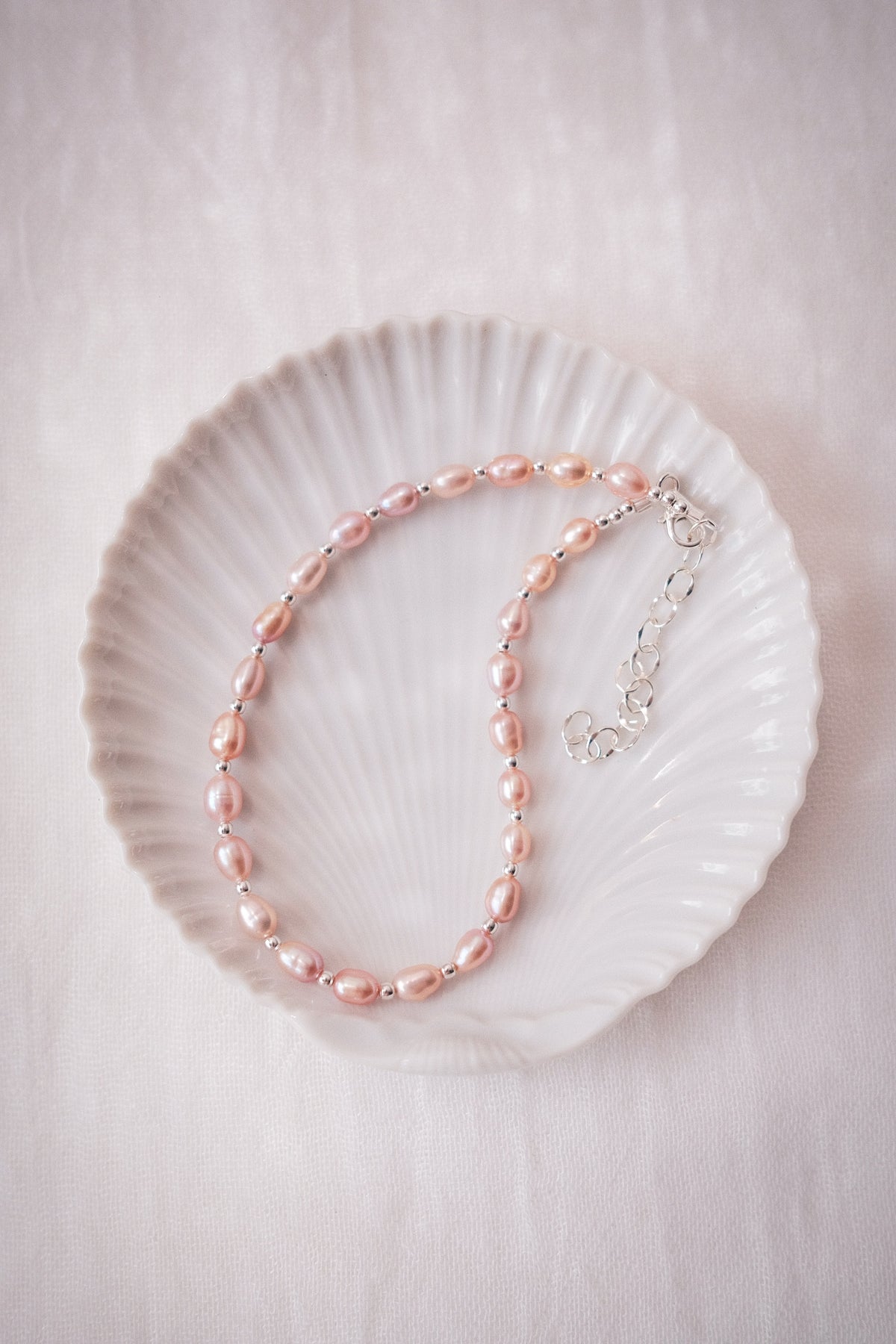 Pink Rice Pearl & Silver Bead Adjustable Anklet - Silver Liko