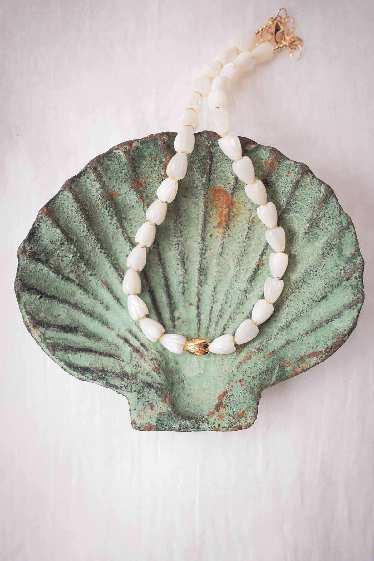 Mother of Pearl & Gold Pikake Beaded Necklace - Gold Hāweo