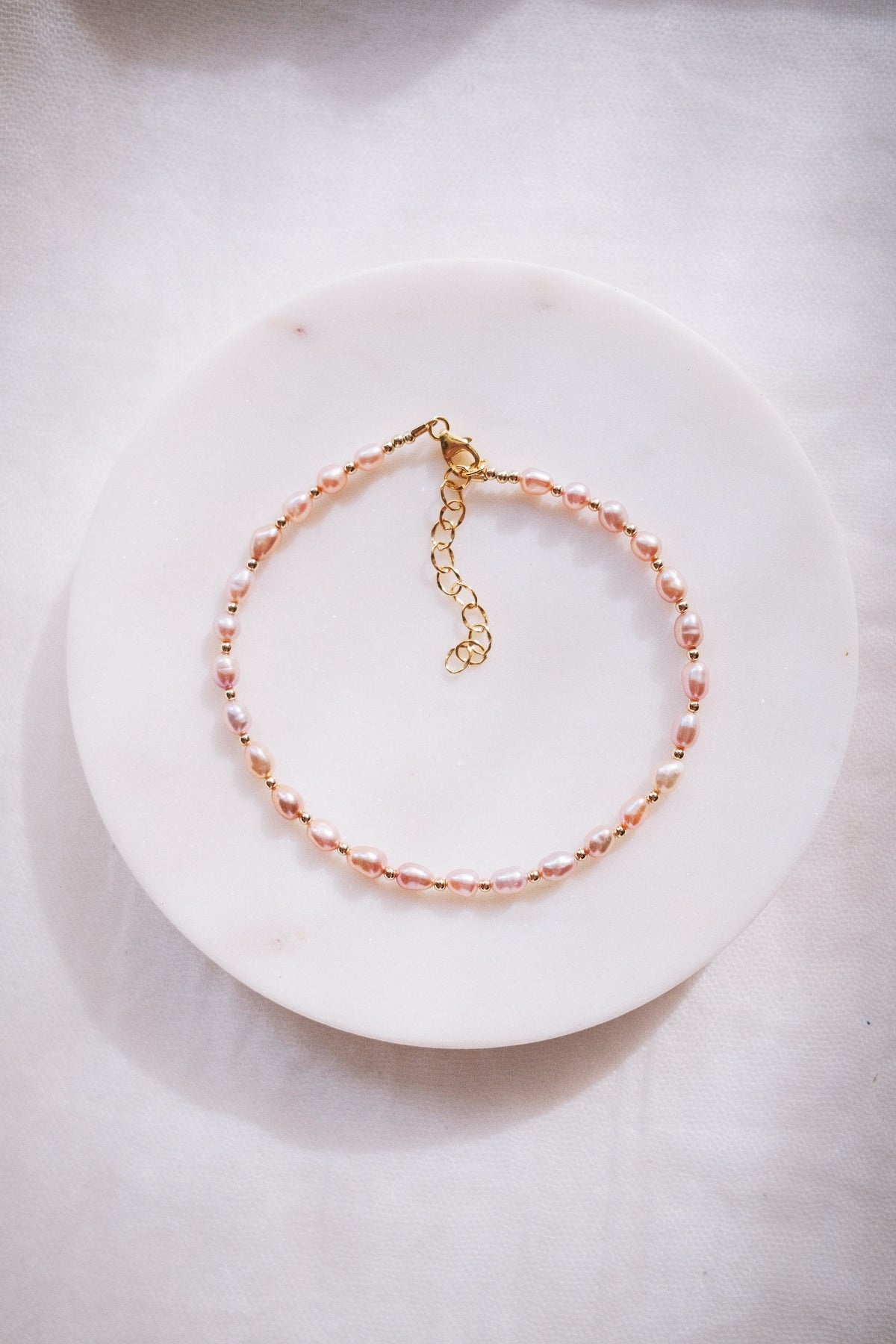 Pink Rice Pearl & Gold Bead Adjustable Anklet - Gold Liko