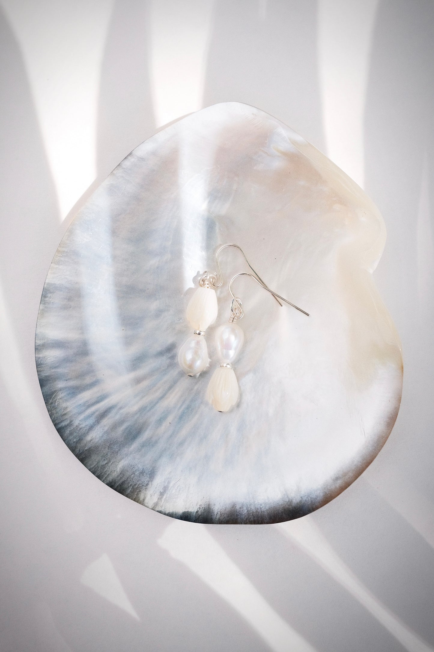Silver Asymmetrical Pikake & Pearl Earrings - Huali
