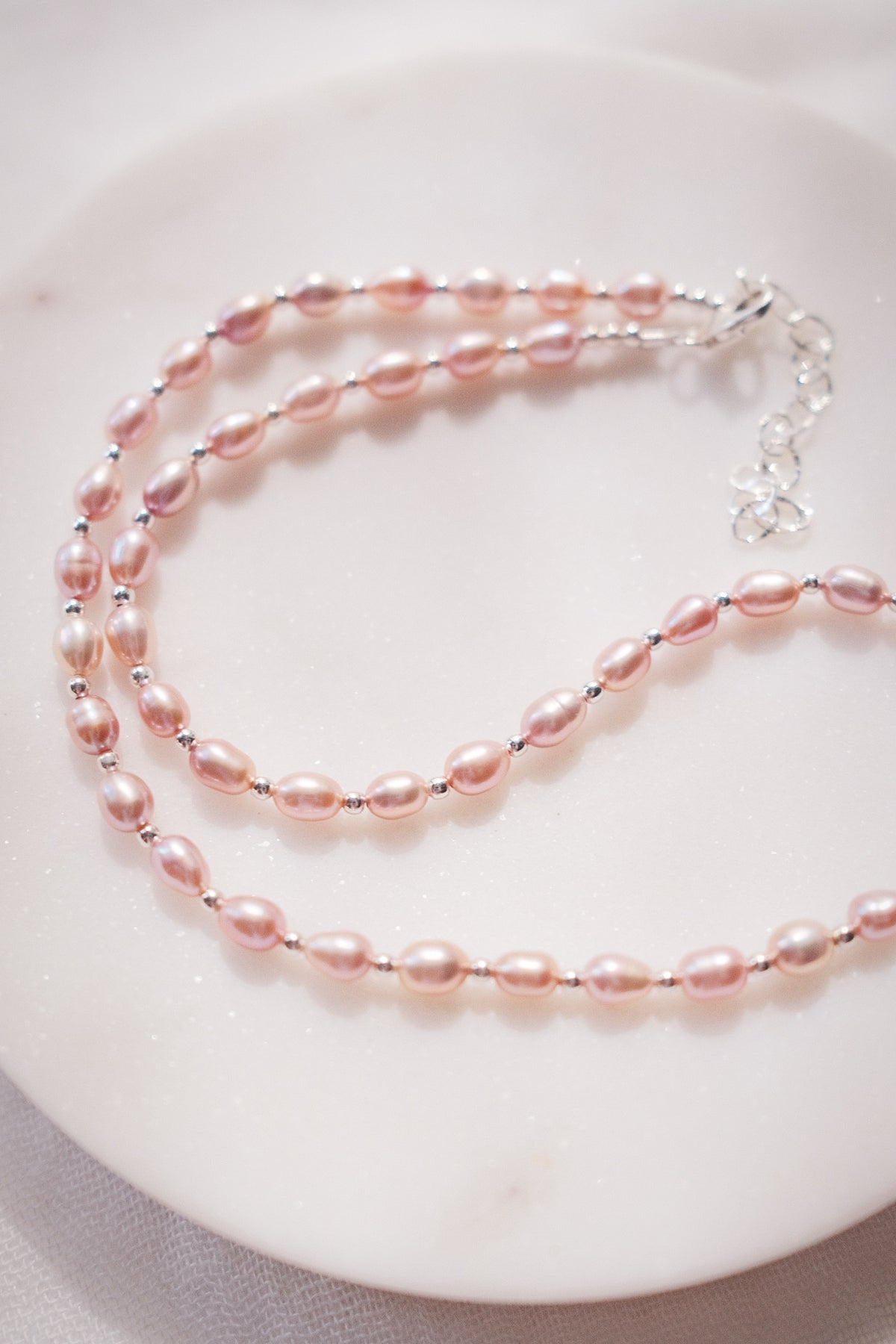 Pink Rice Pearl & Silver Bead Adjustable Necklace - Silver Liko