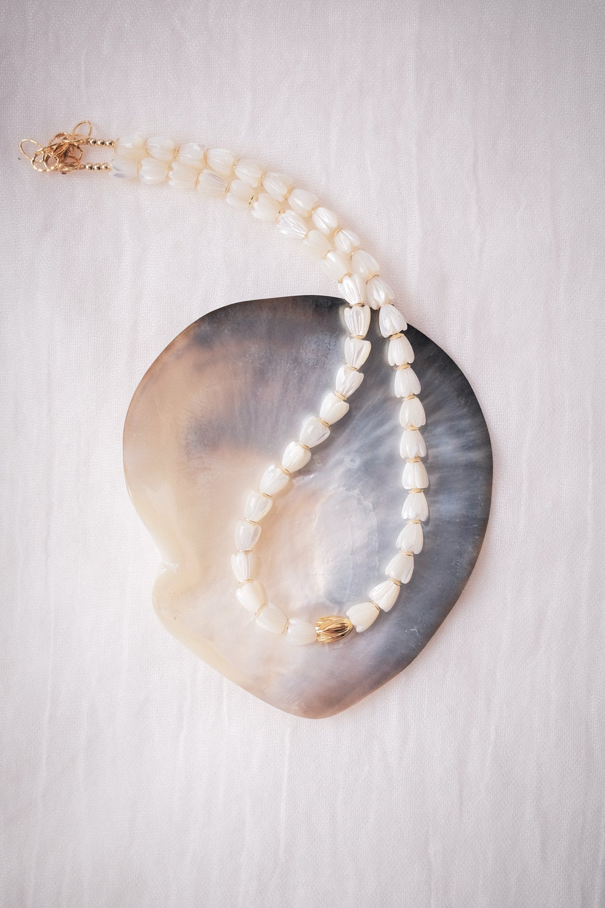 Mother of Pearl & Gold Pikake Beaded Necklace - Gold Hāweo
