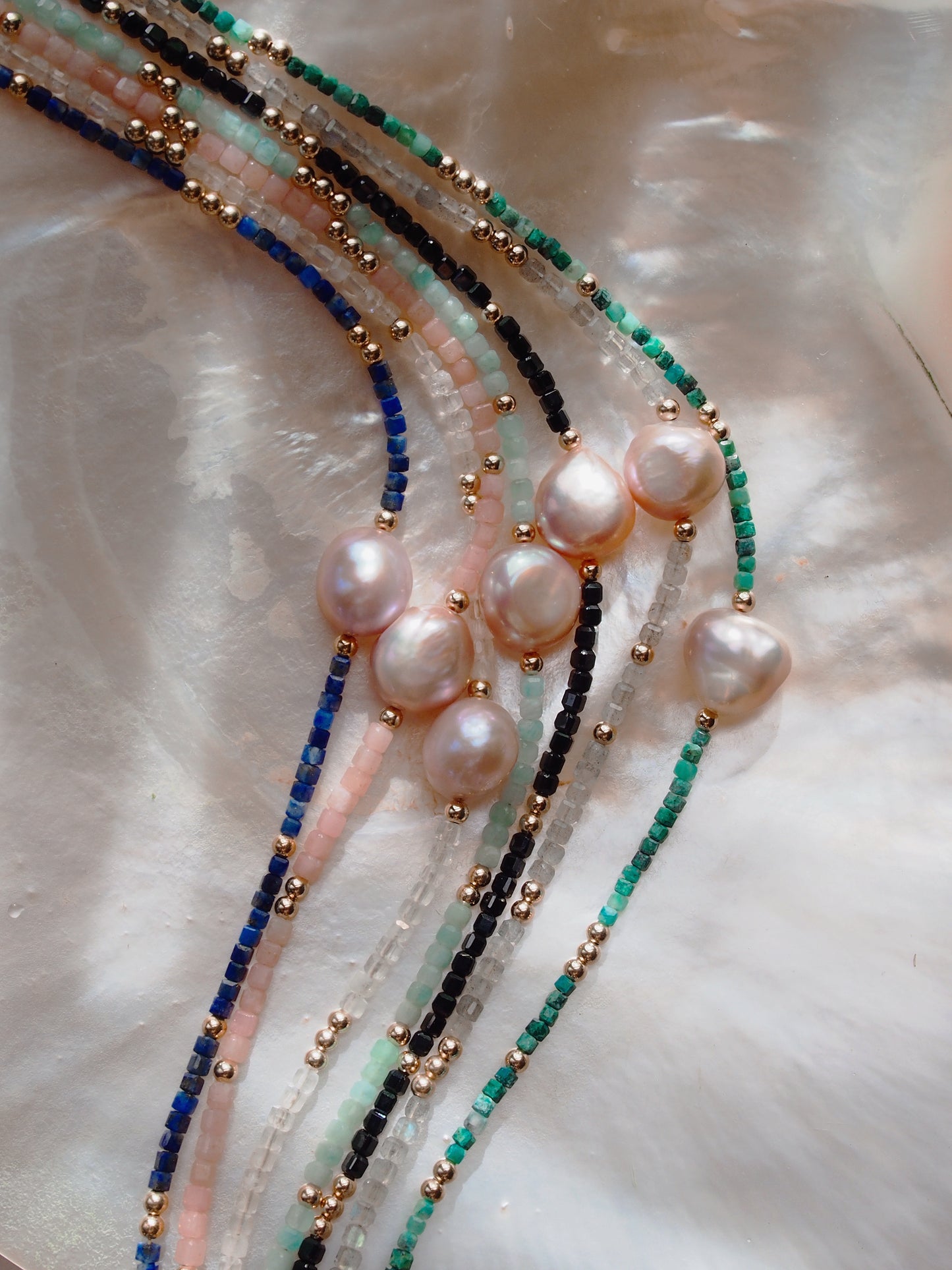 Pink Pearl and Gemstone Necklace - Gold Akala