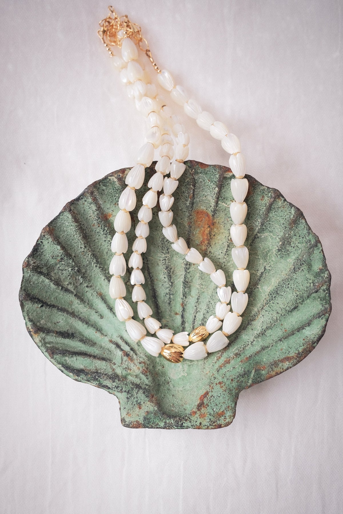 Mother of Pearl & Gold Pikake Beaded Necklace - Gold Hāweo