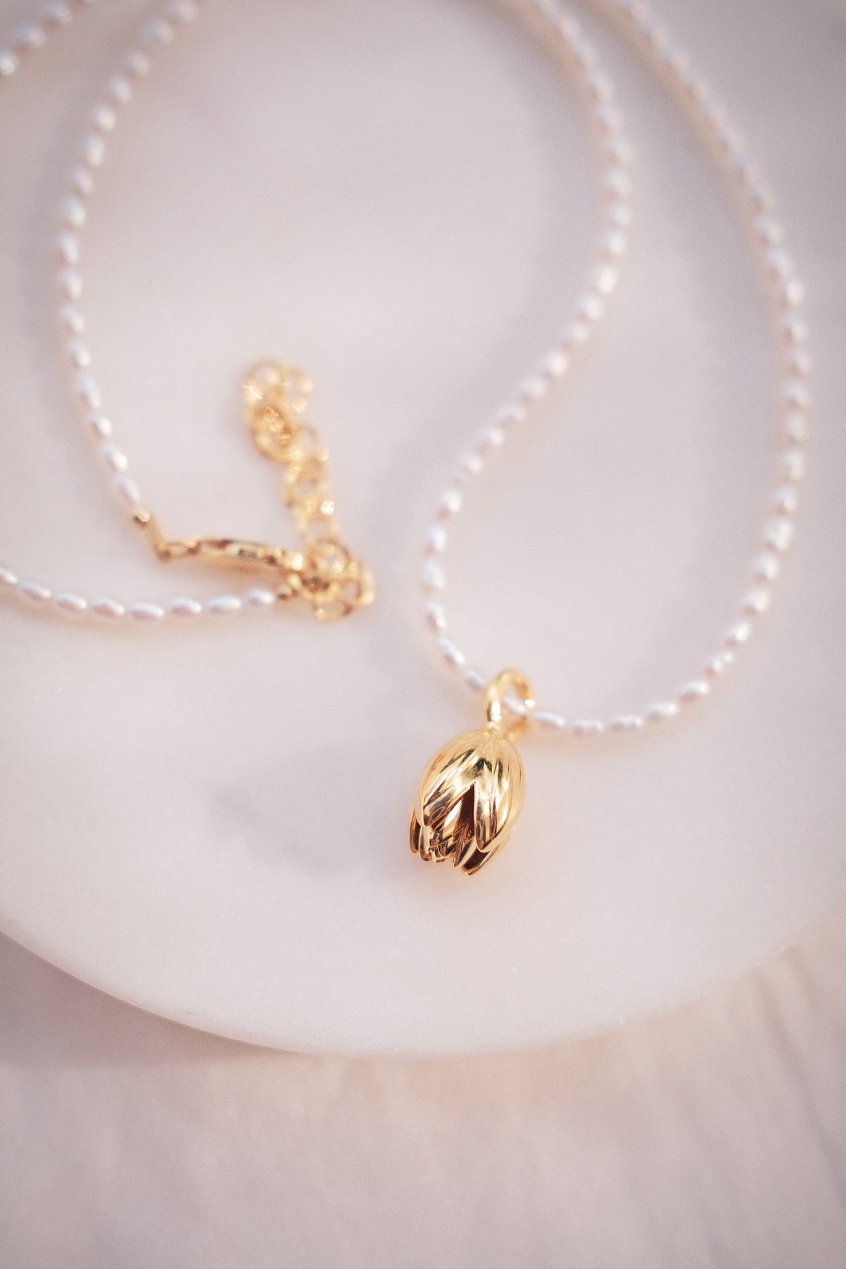 Tiny Pearl Strand Necklace with Pikake Pendant - Mikioi