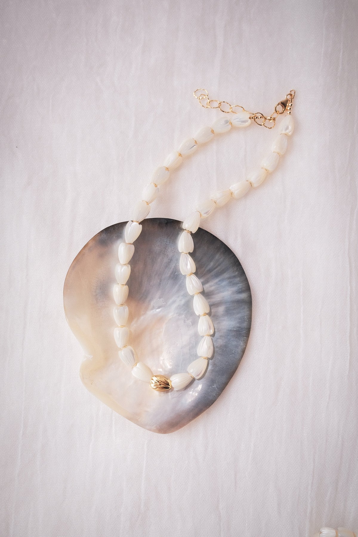 Mother of Pearl & Gold Pikake Beaded Necklace - Gold Hāweo