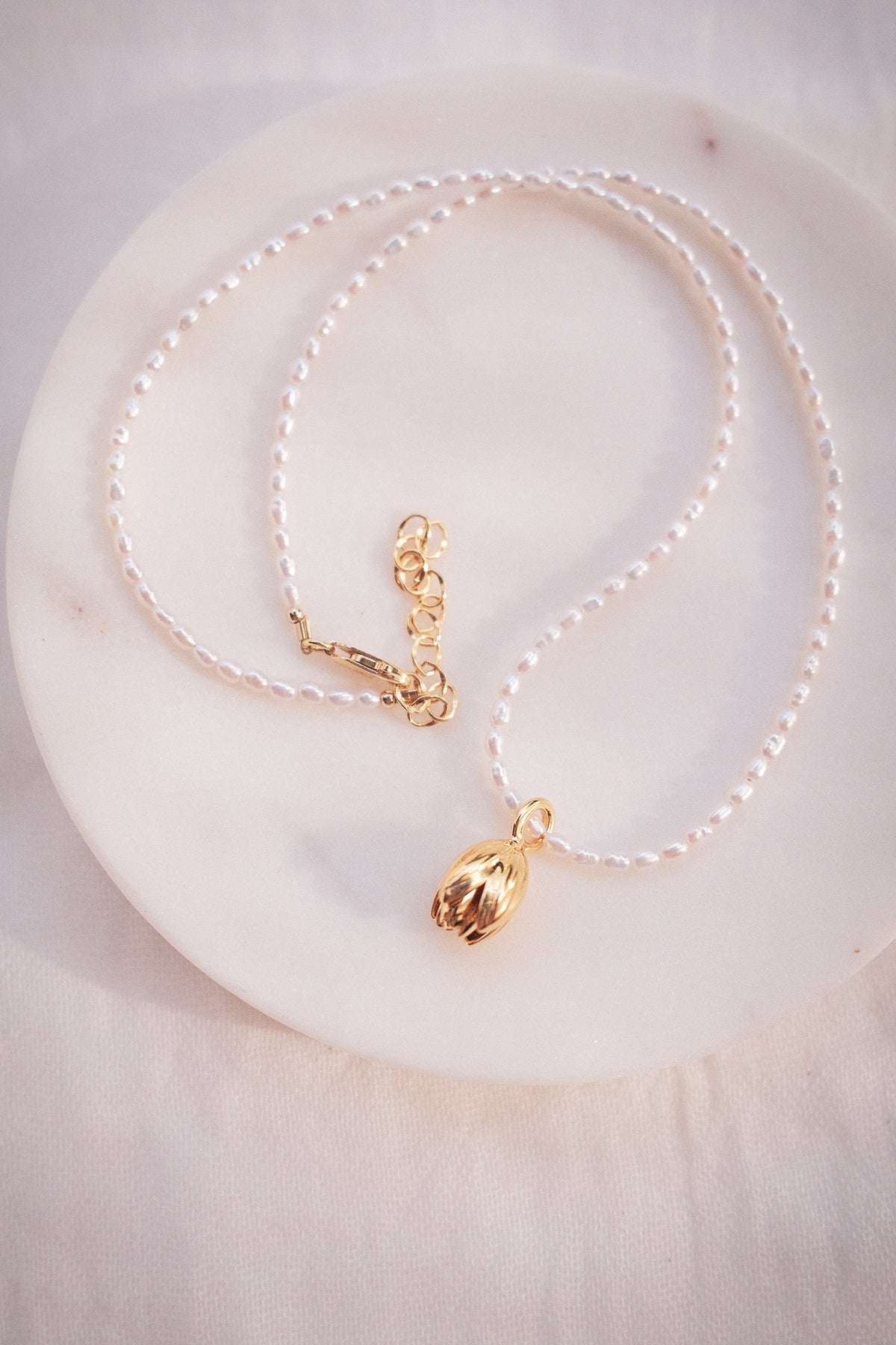 Tiny Pearl Strand Necklace with Pikake Pendant - Mikioi