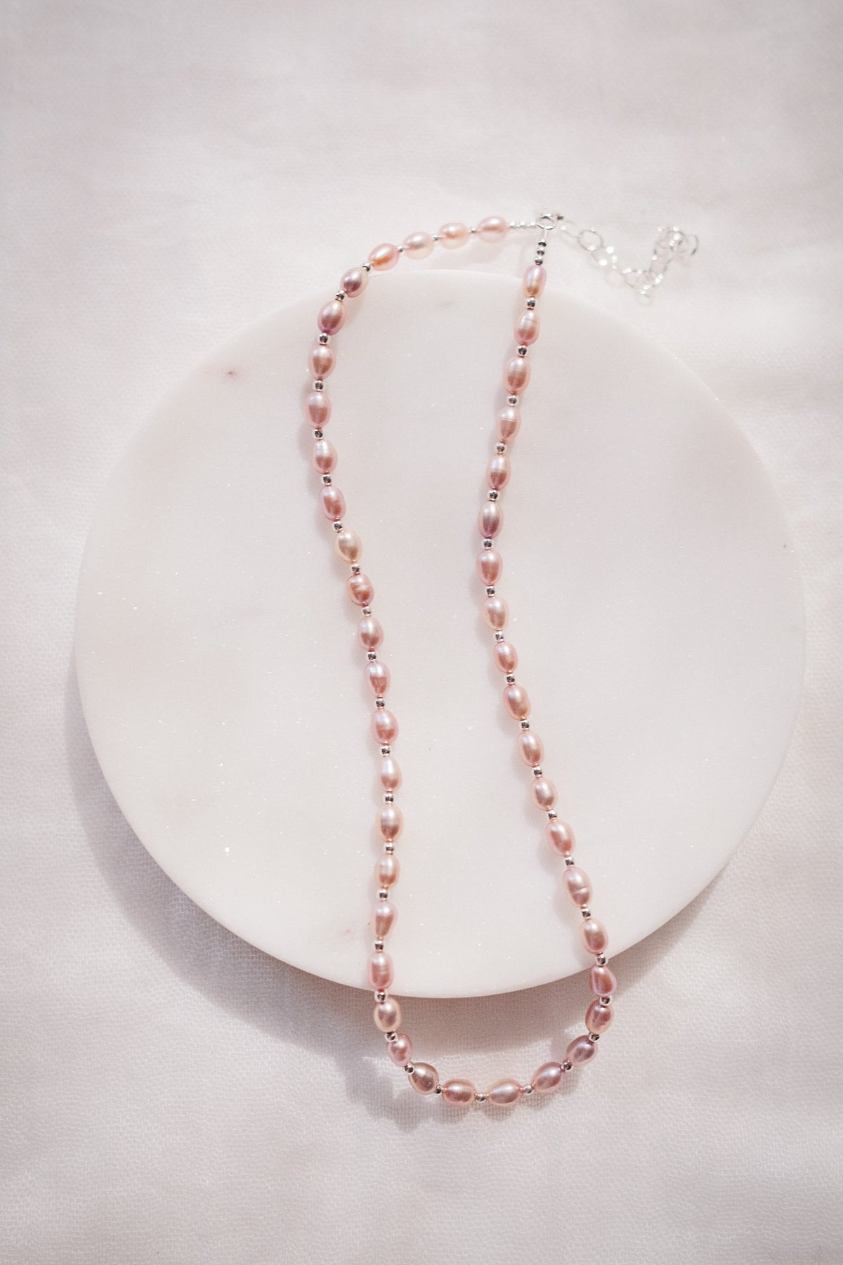 Pink Rice Pearl & Silver Bead Adjustable Necklace - Silver Liko