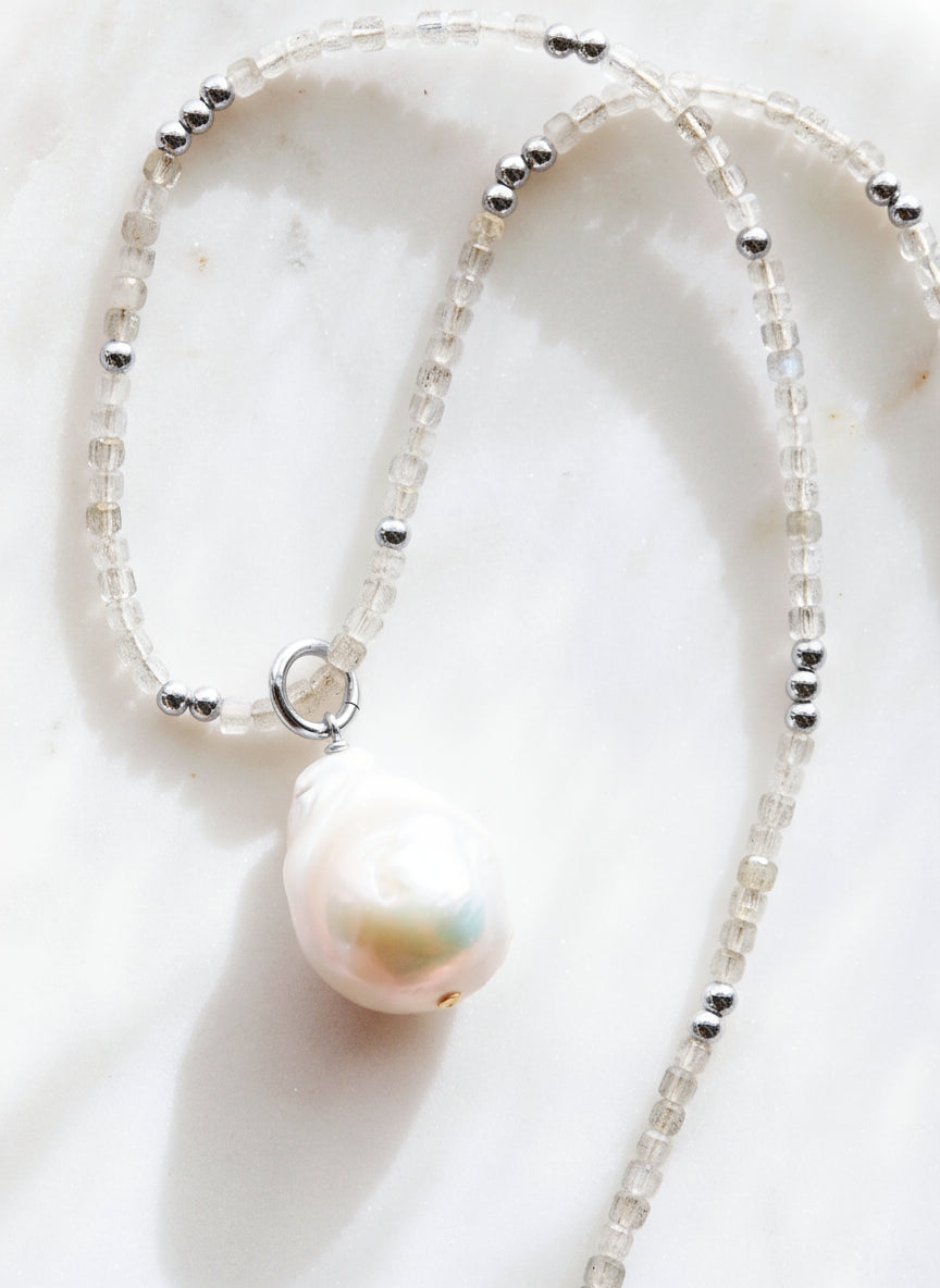 Flameball Baroque Pearl and Gemstone Necklace - Silver Keahi