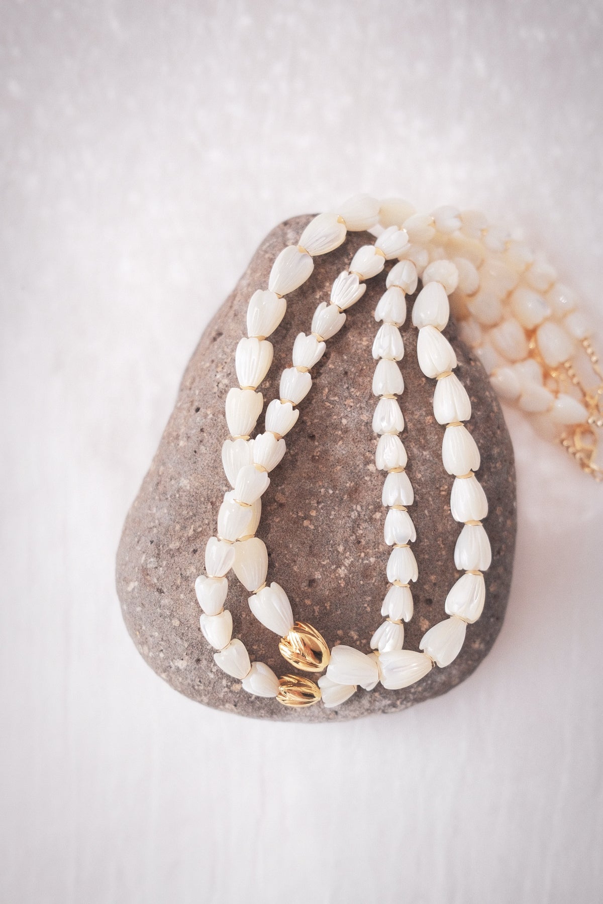 Mother of Pearl & Gold Pikake Beaded Necklace - Gold Hāweo