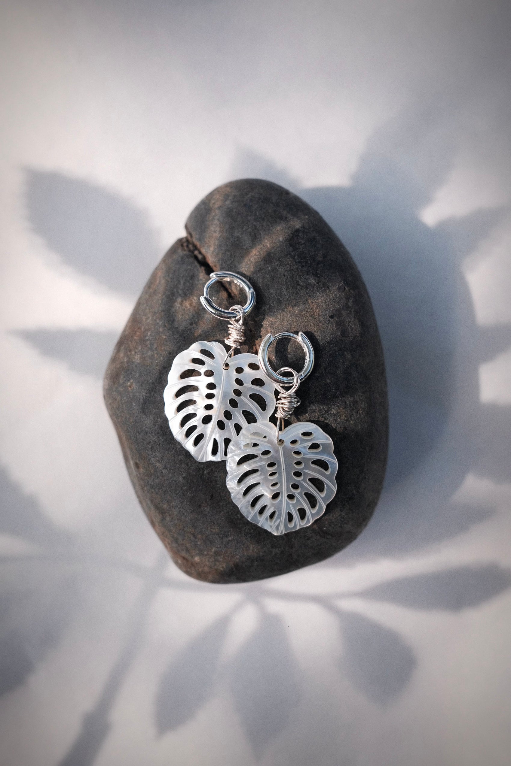 Mother of Pearl and Silver Wrapped Monstera Charm Huggie Hoop Earrings - Hula