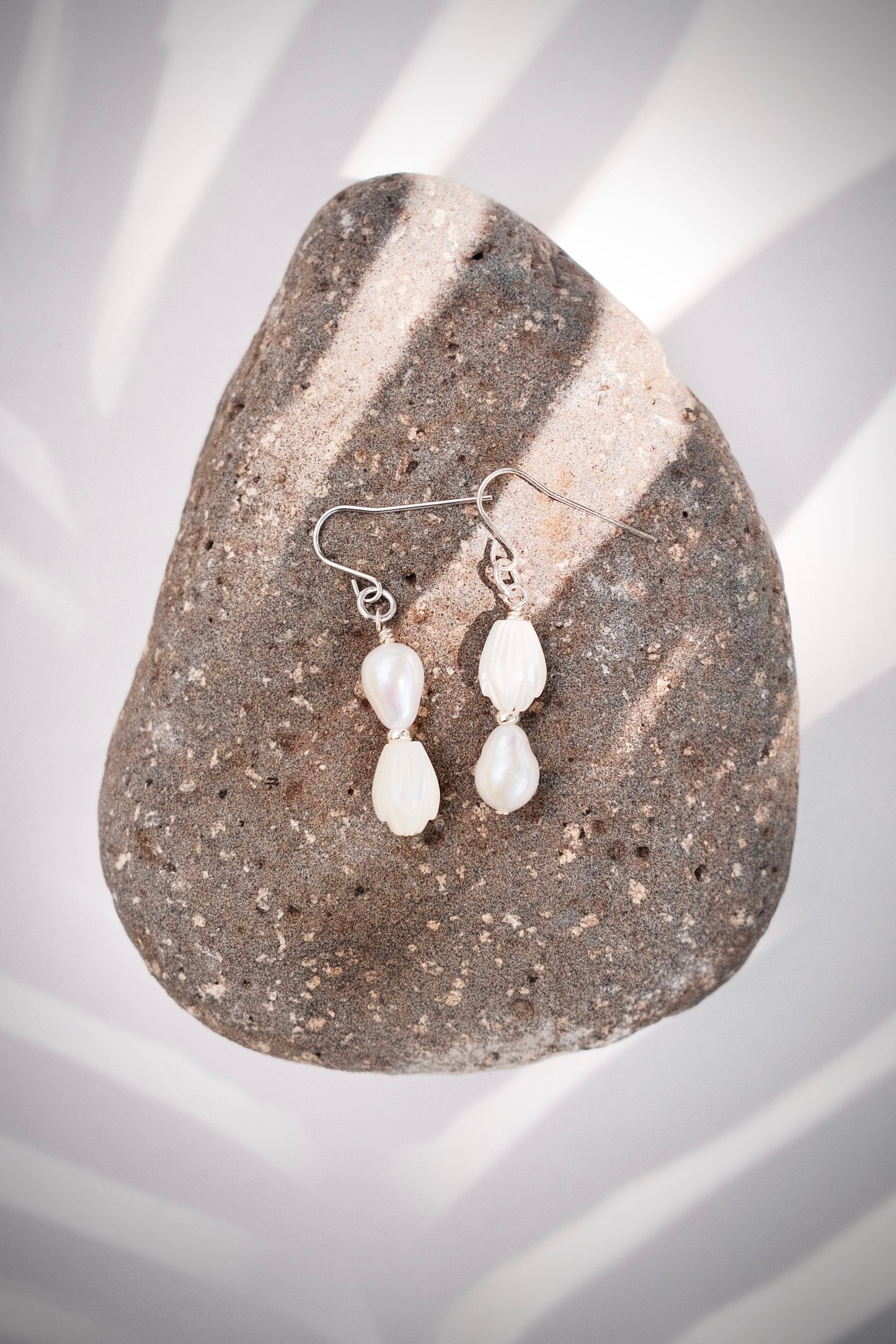 Silver Asymmetrical Pikake & Pearl Earrings - Huali