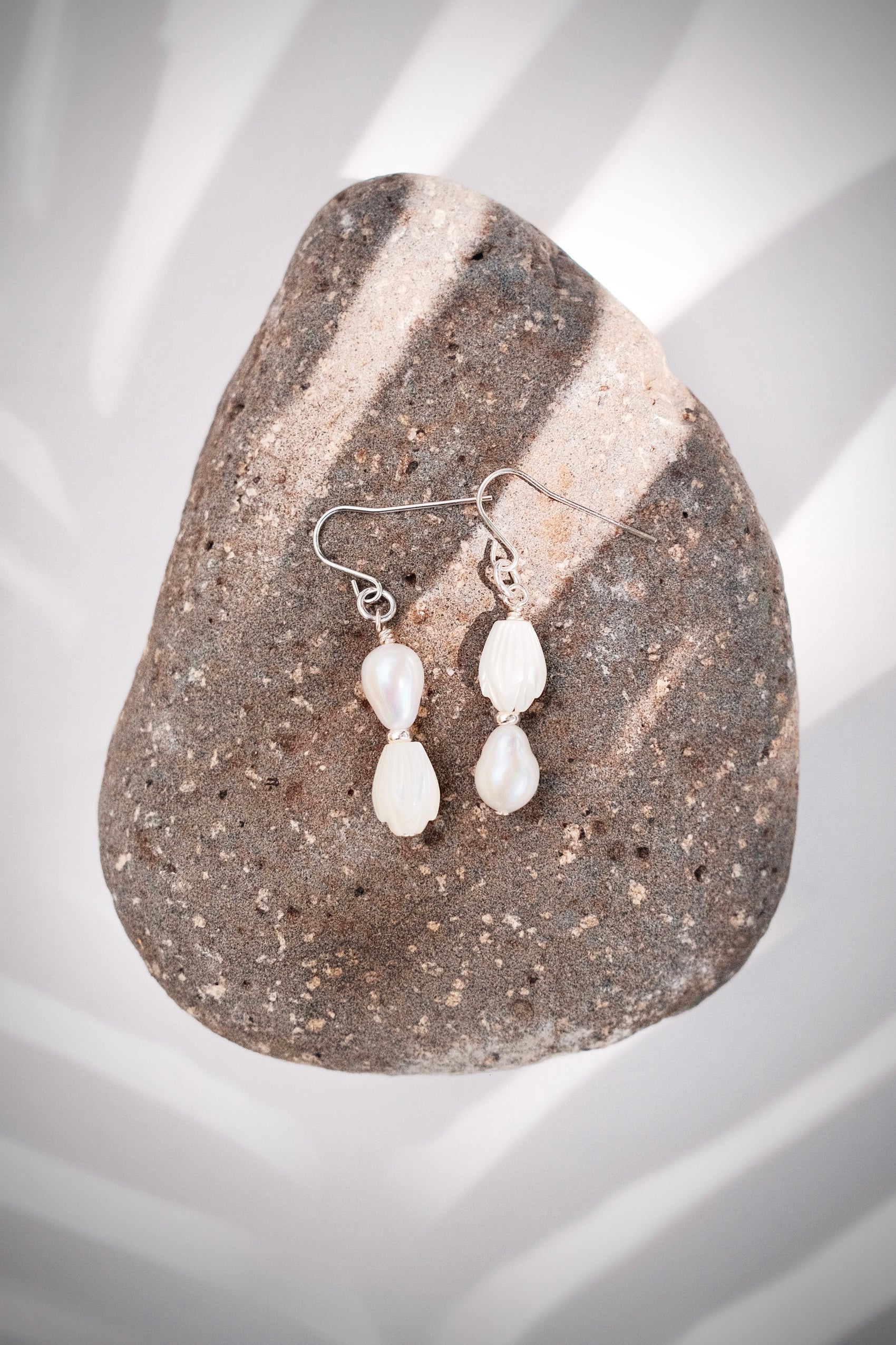 Silver Asymmetrical Pikake & Pearl Earrings - Huali