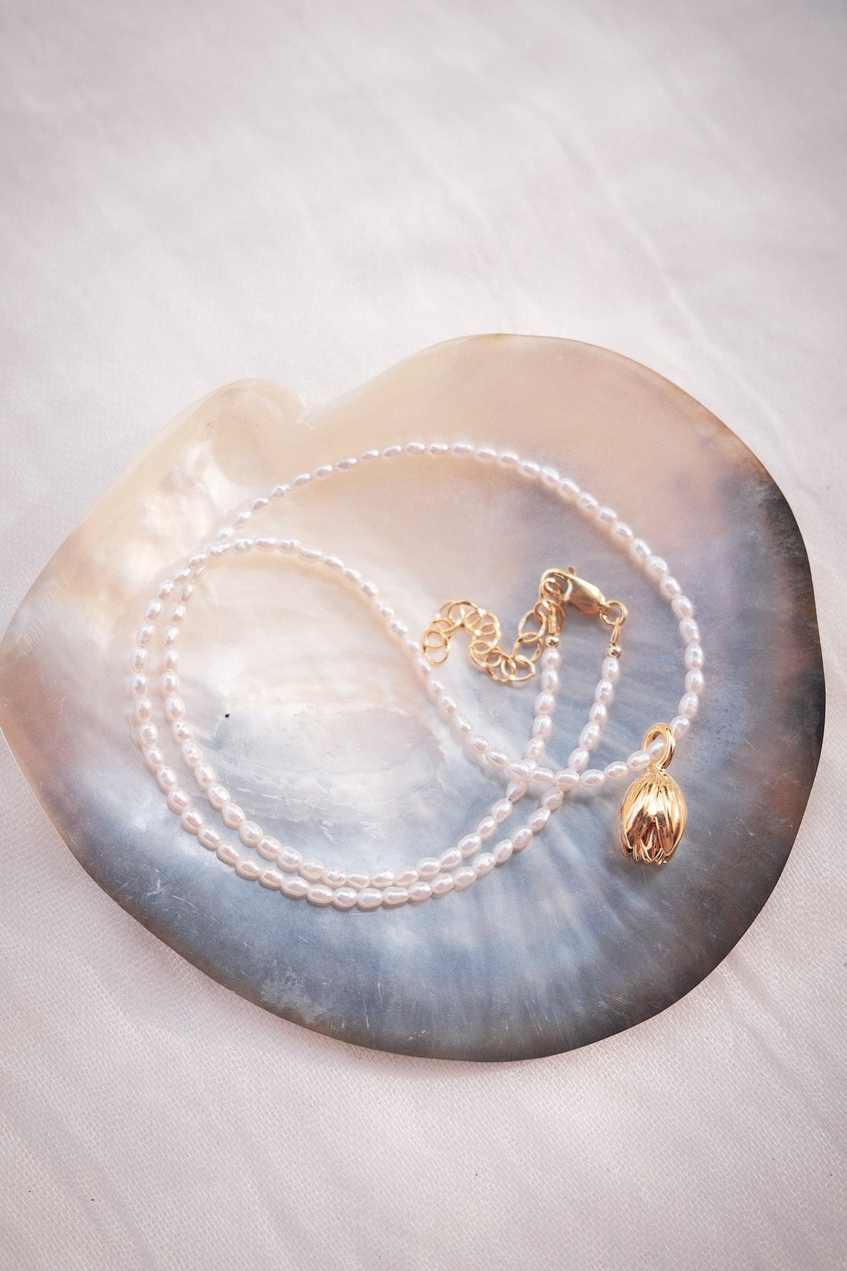 Tiny Pearl Strand Necklace with Pikake Pendant - Mikioi