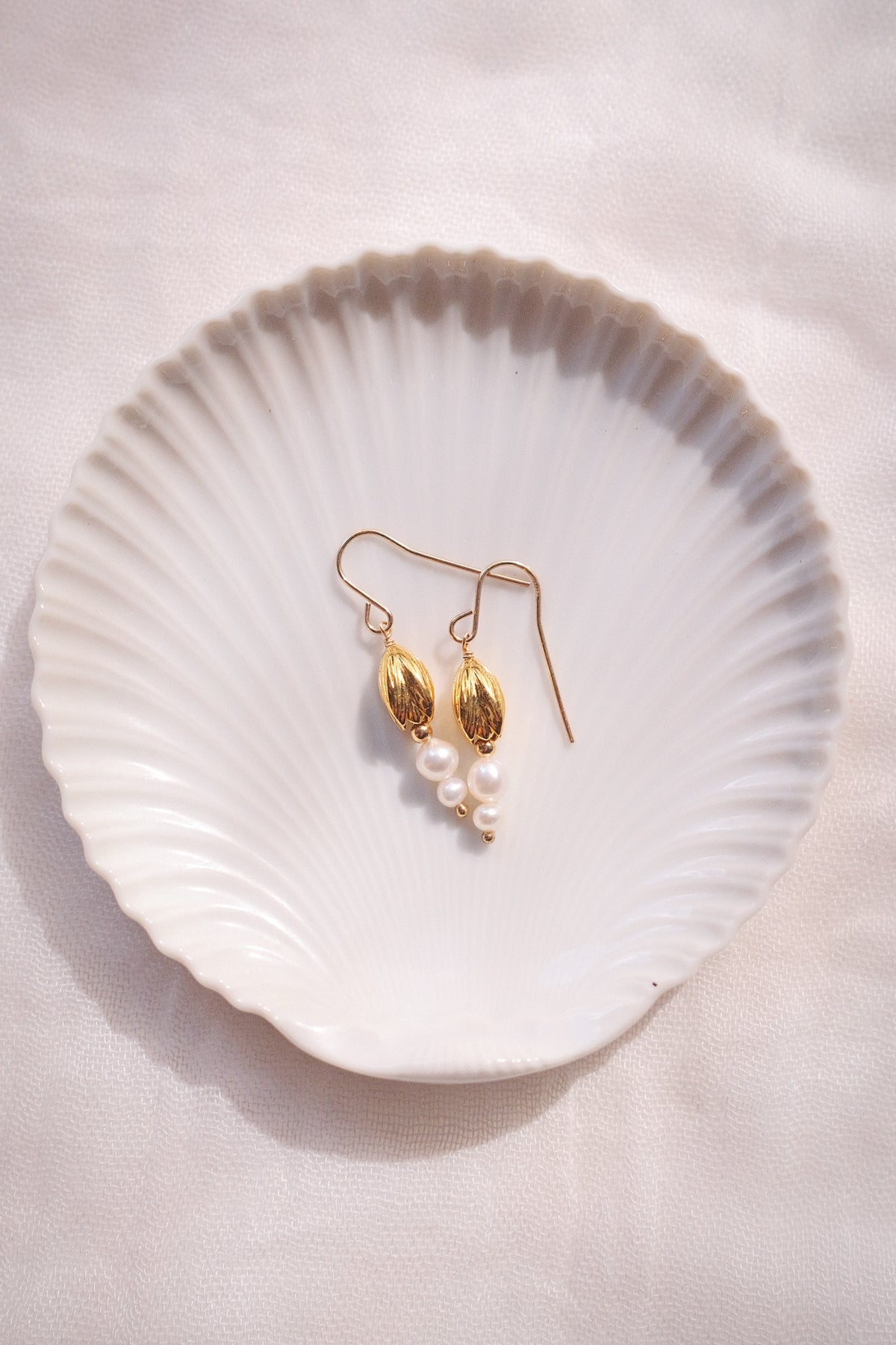 Gold Pikake & Pearl Dangle Earrings - Makamae