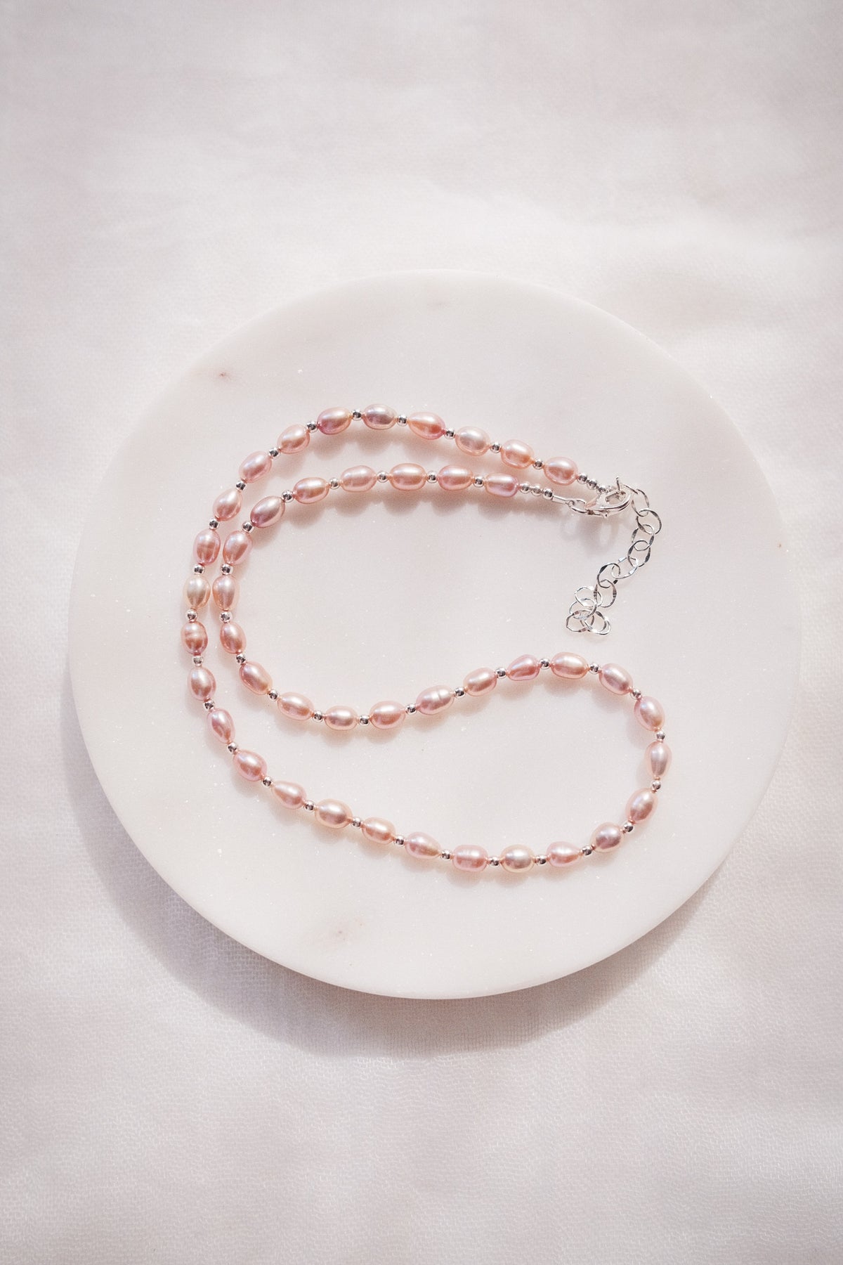 Pink Rice Pearl & Silver Bead Adjustable Necklace - Silver Liko