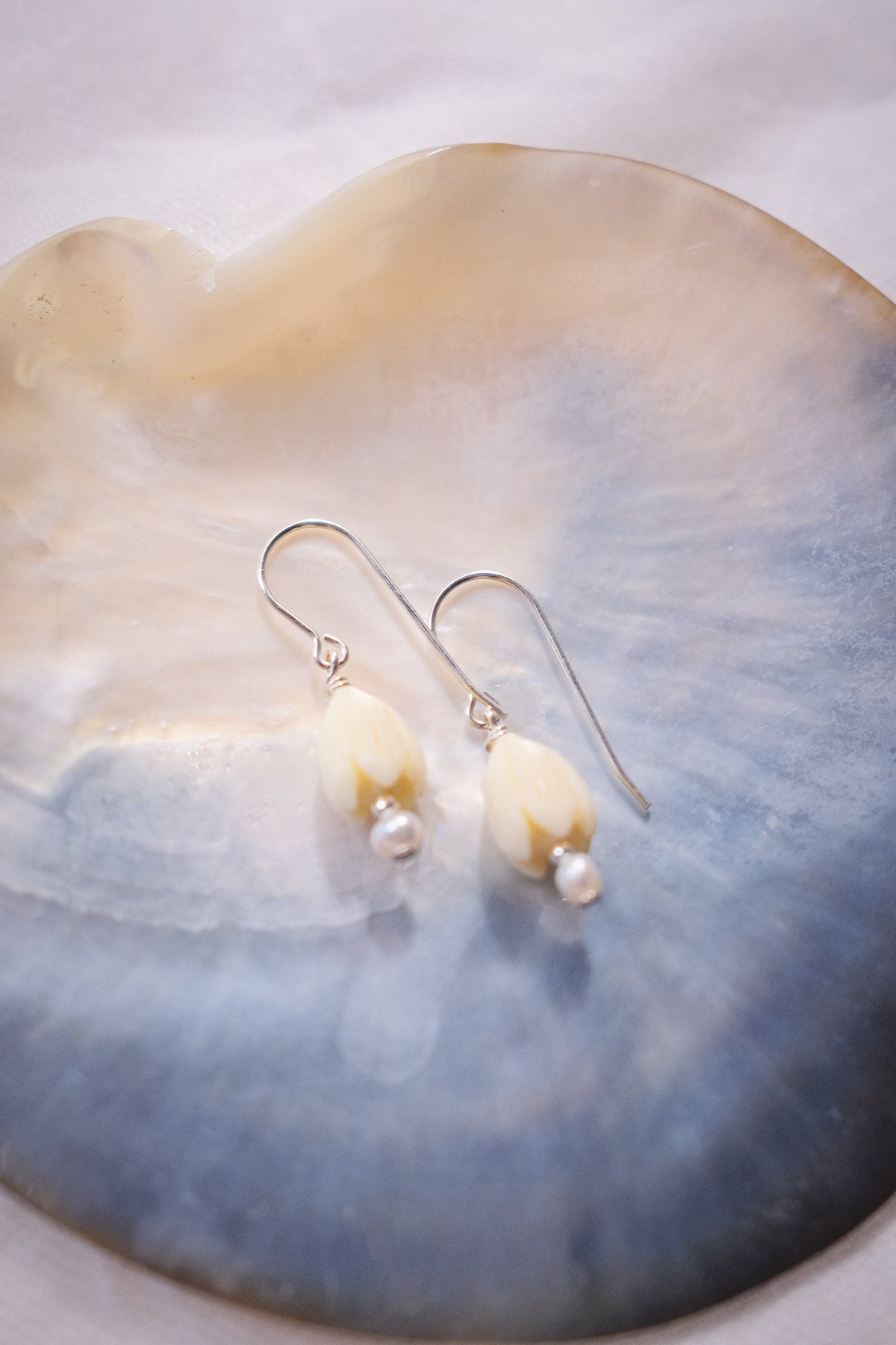 Resin Pikake & Pearl Drop Earrings - Gold or Silver Kupuna