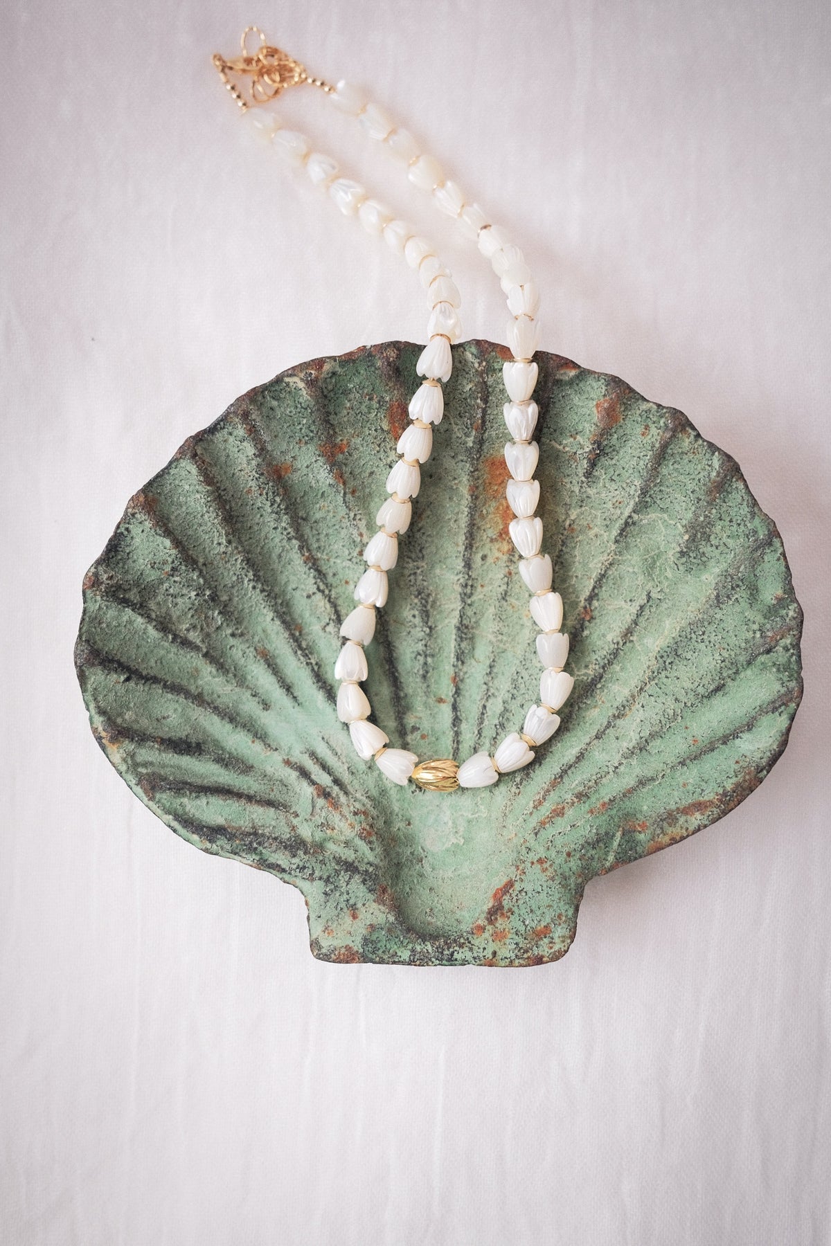 Mother of Pearl & Gold Pikake Beaded Necklace - Gold Hāweo